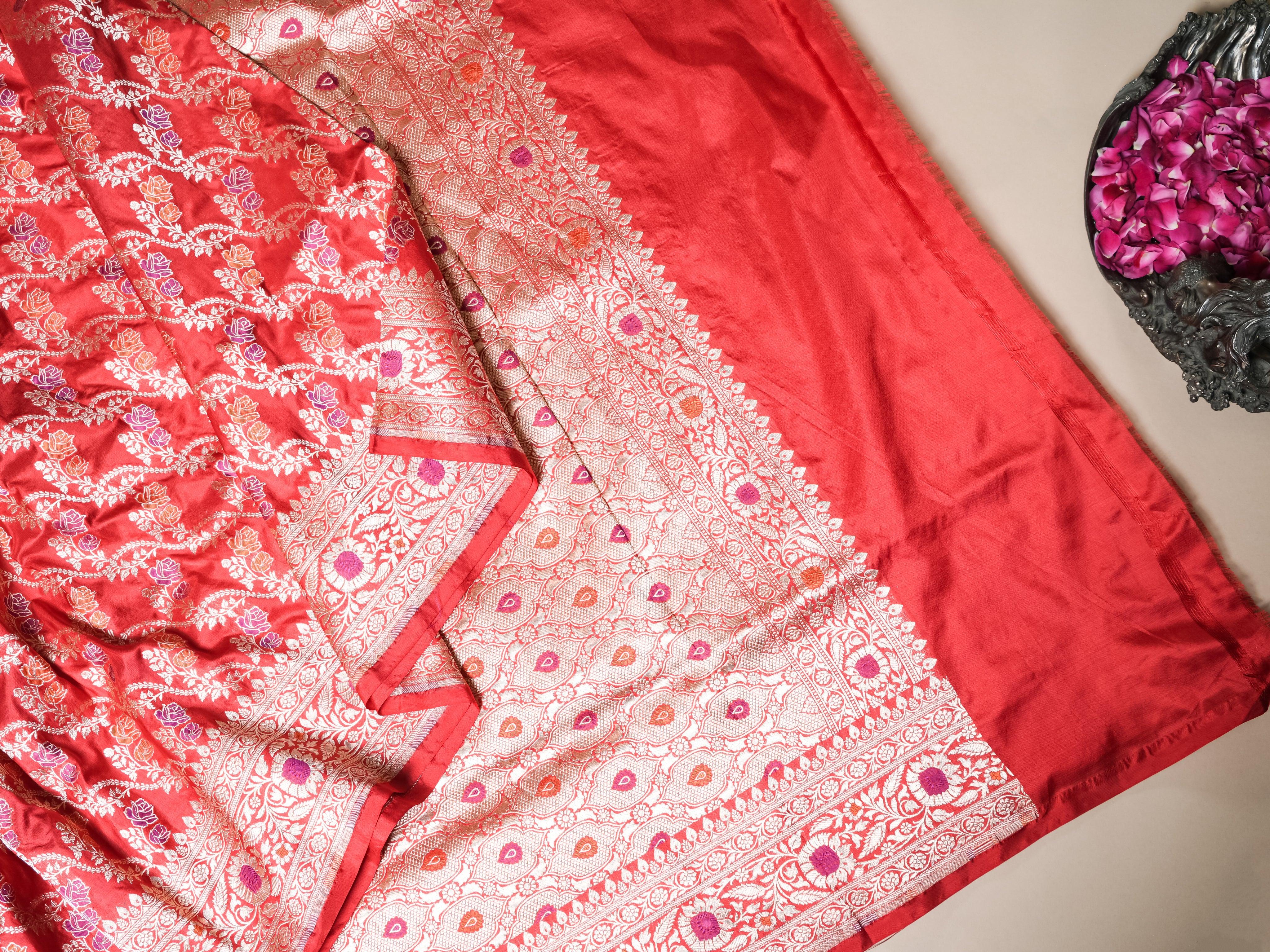 Handwoven Pinkish Red Banarasi Katan Silk Saree - Sumangal Ekam