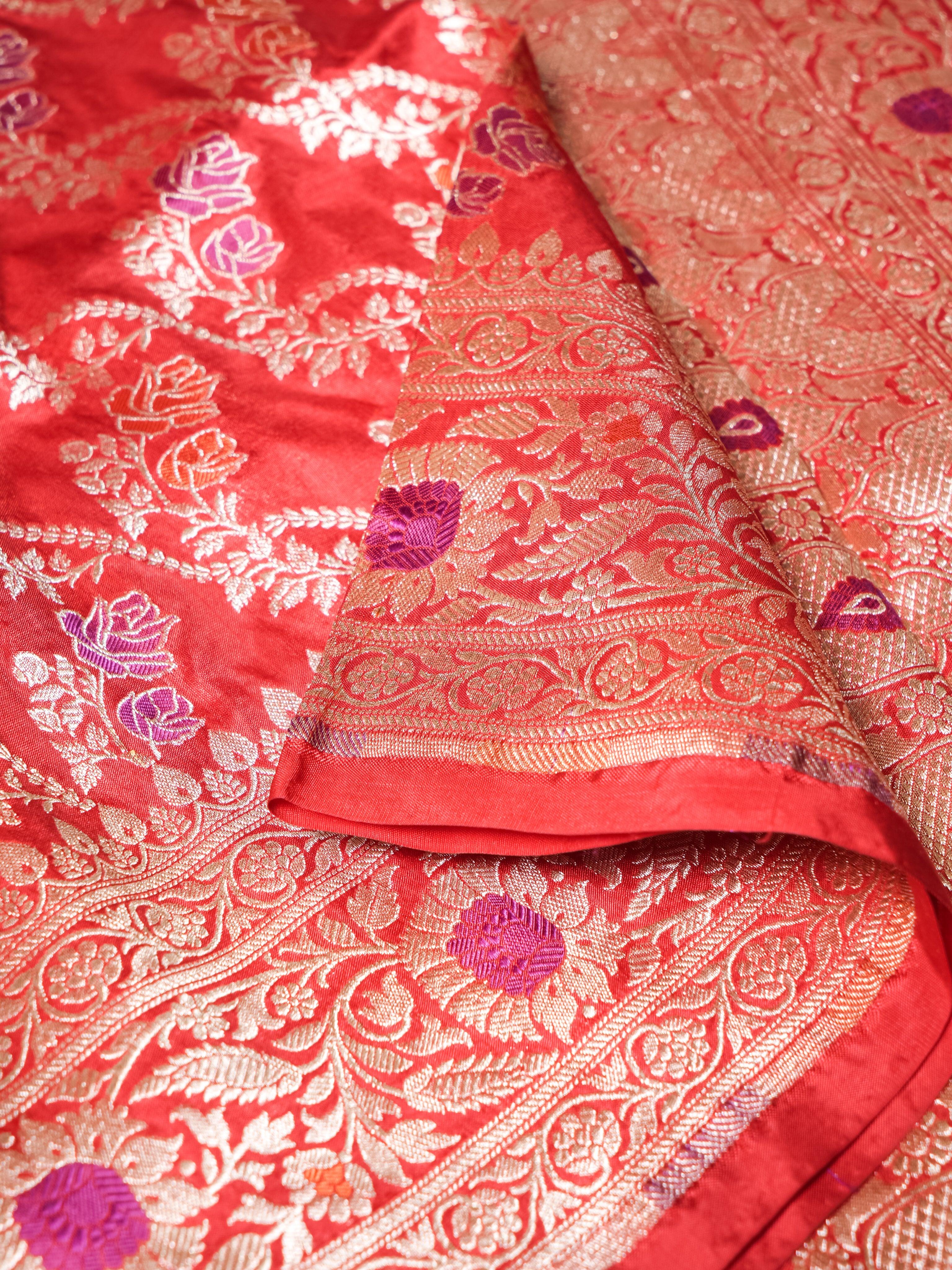 Handwoven Pinkish Red Banarasi Katan Silk Saree - Sumangal Ekam