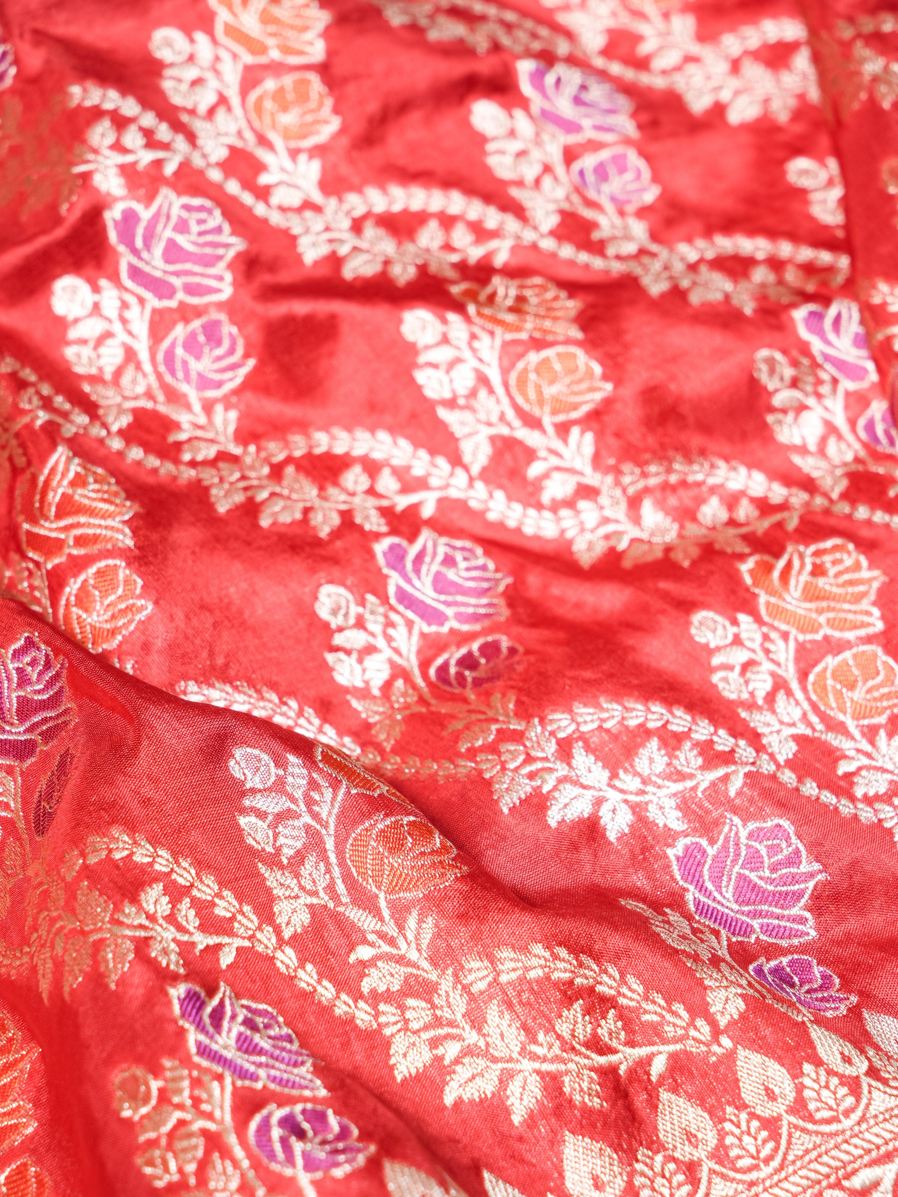 Handwoven Pinkish Red Banarasi Katan Silk Saree - Sumangal Ekam