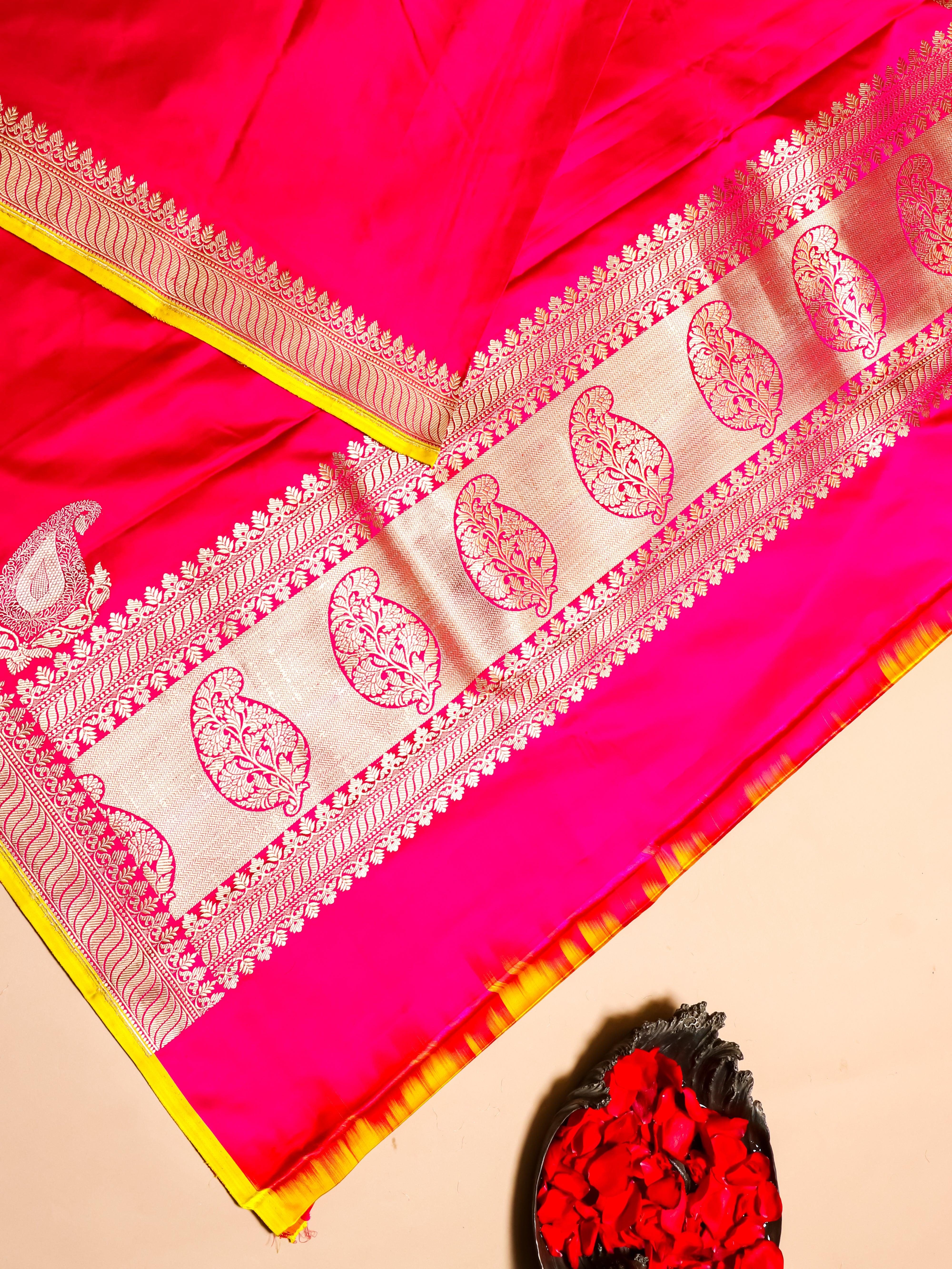 Handwoven Pink Banarasi Mashru Silk Saree - Sumangal Ekam