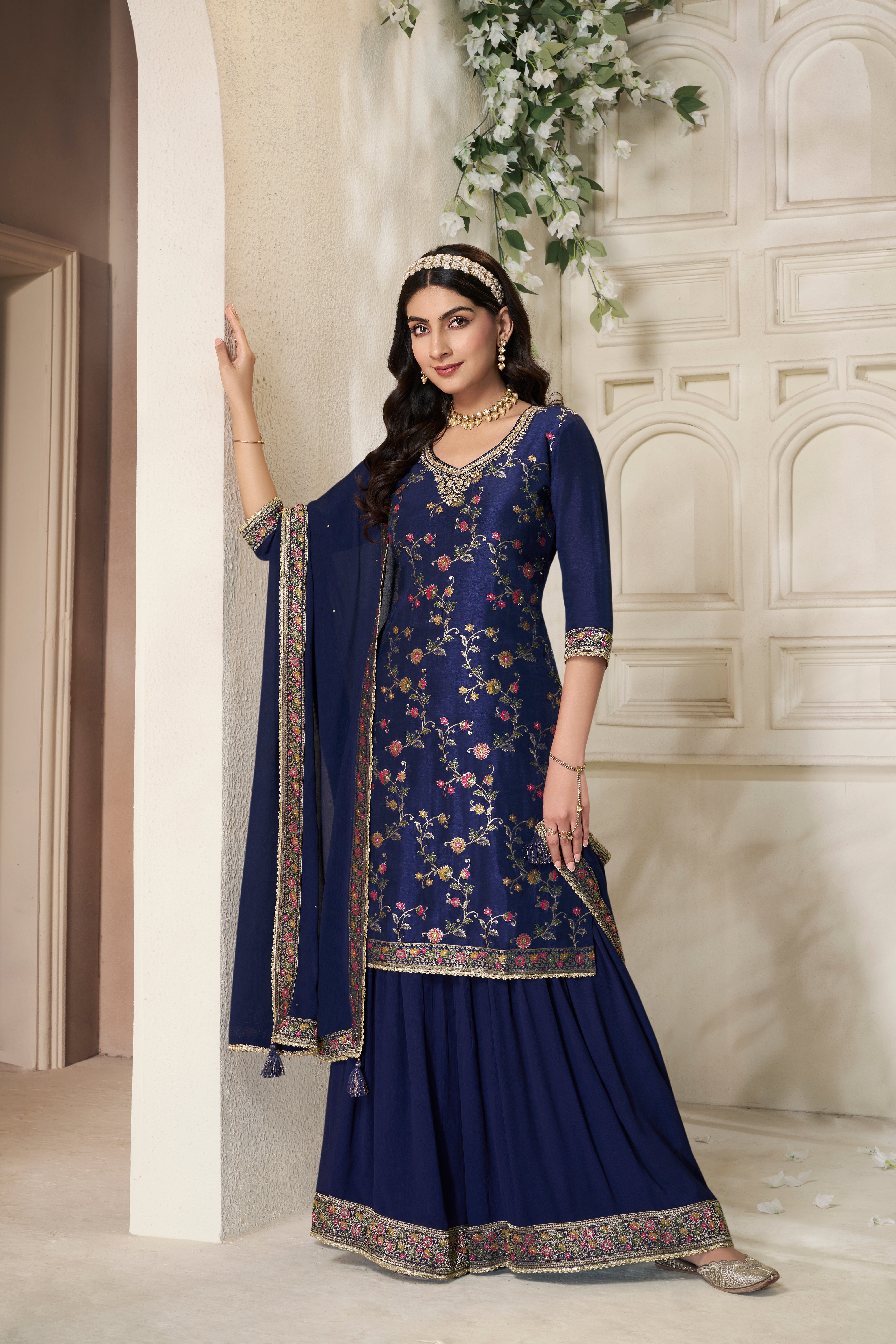 Designer Dark Blue Meenakari Dola Silk Sharara Suit Set