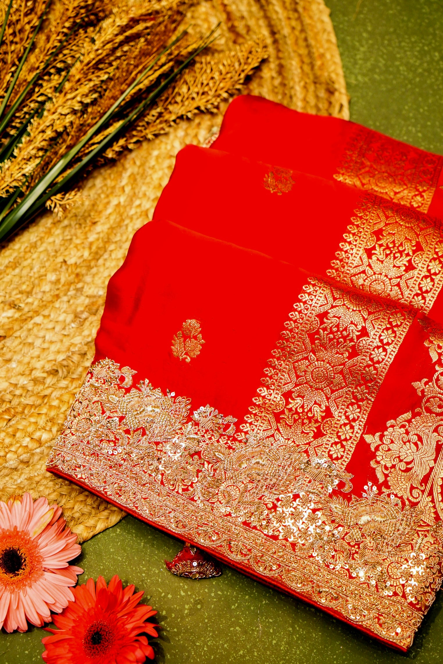 Designer Red Monga Silk Saree