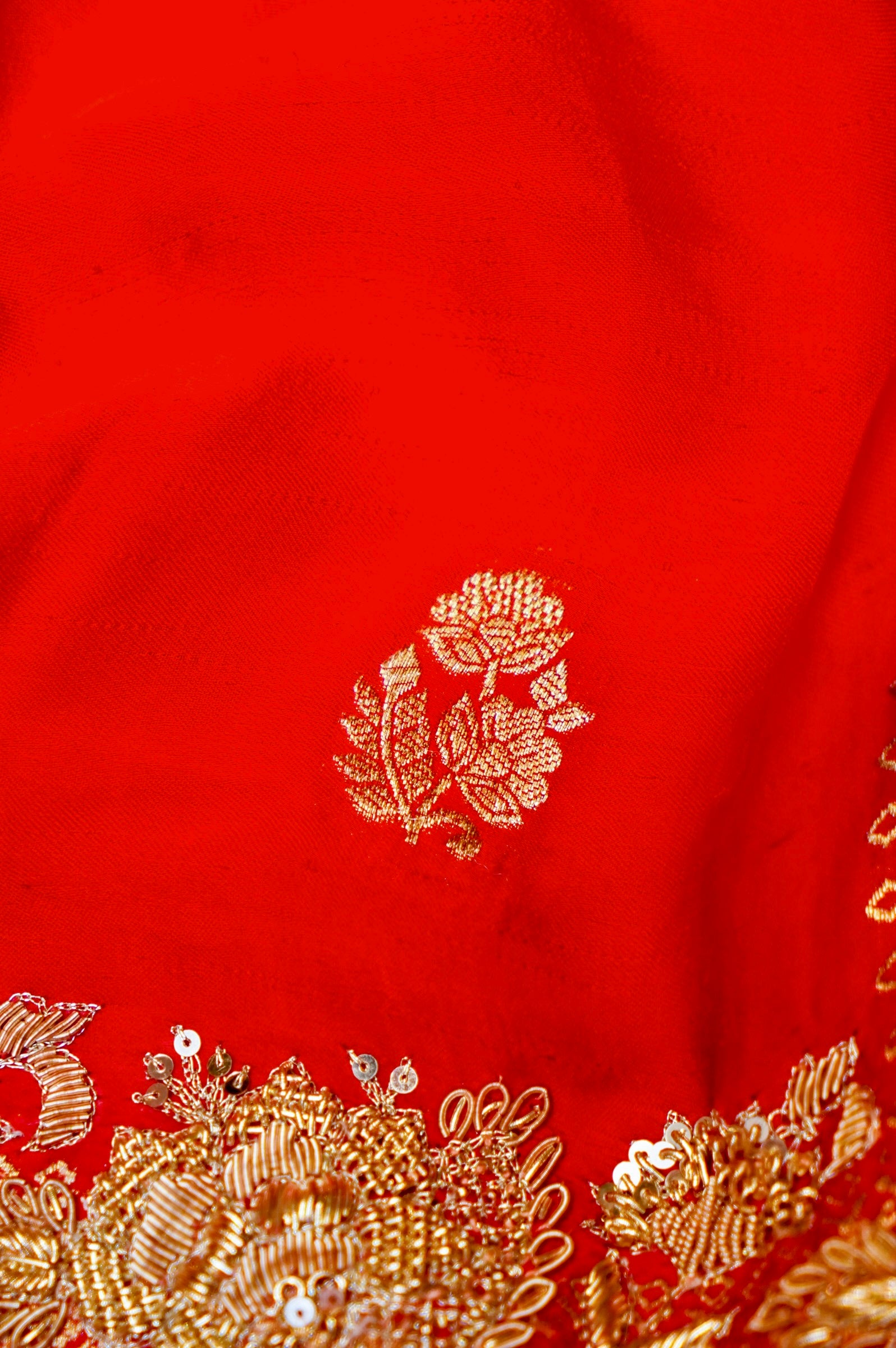 Designer Red Monga Silk Saree