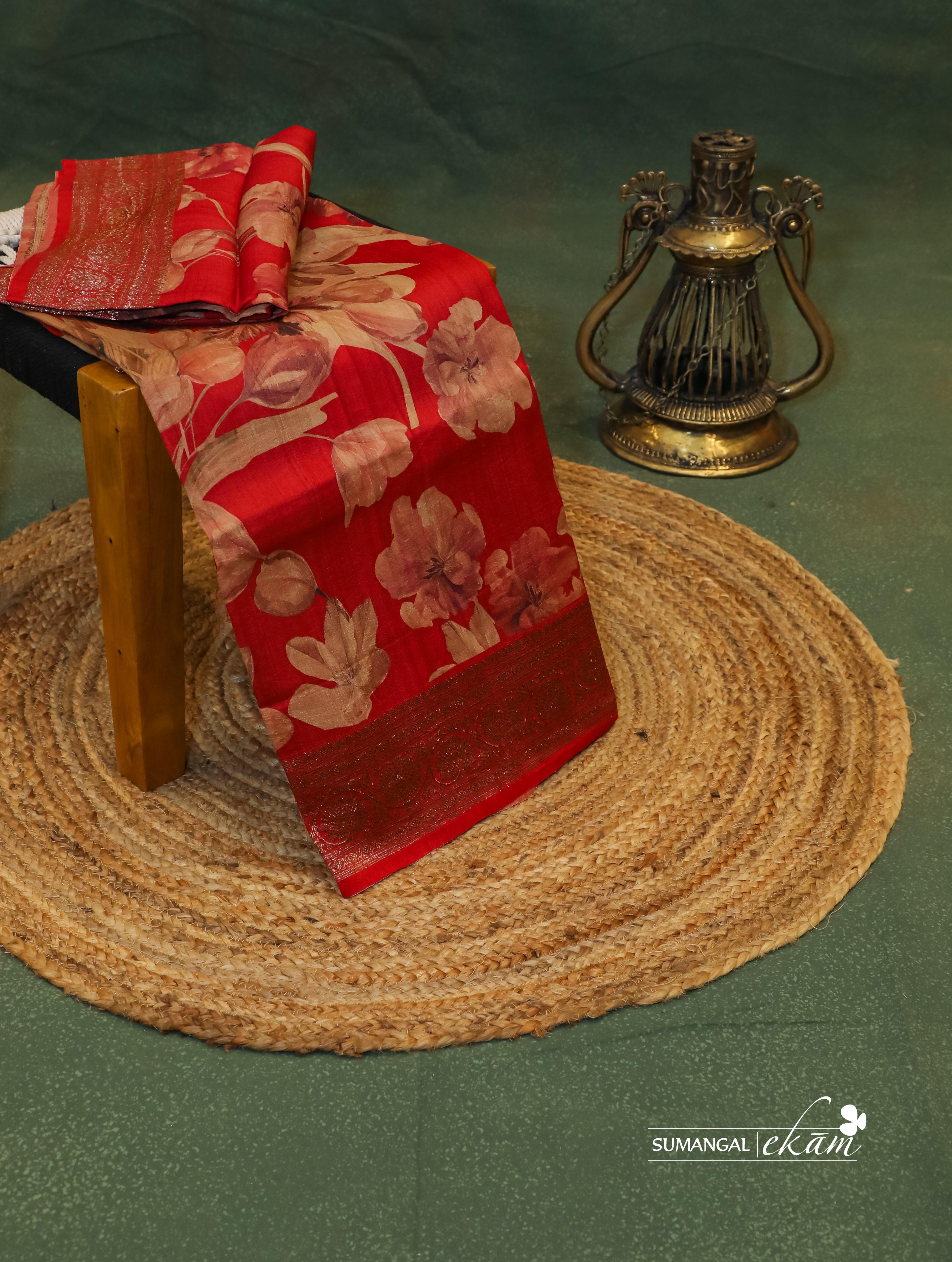 Designer Red Tussar Silk Saree