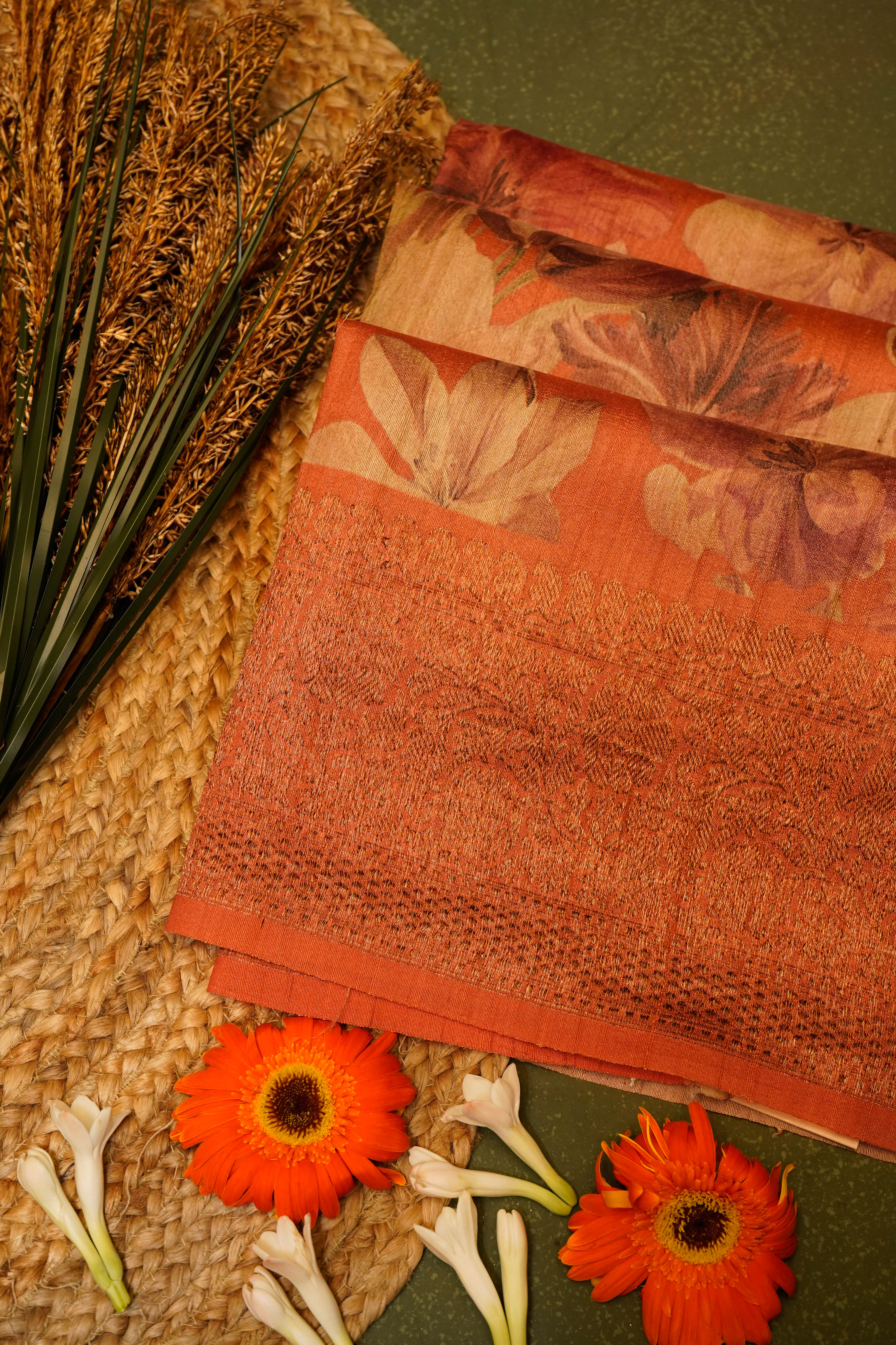 Designer Peach Tussar Silk Saree