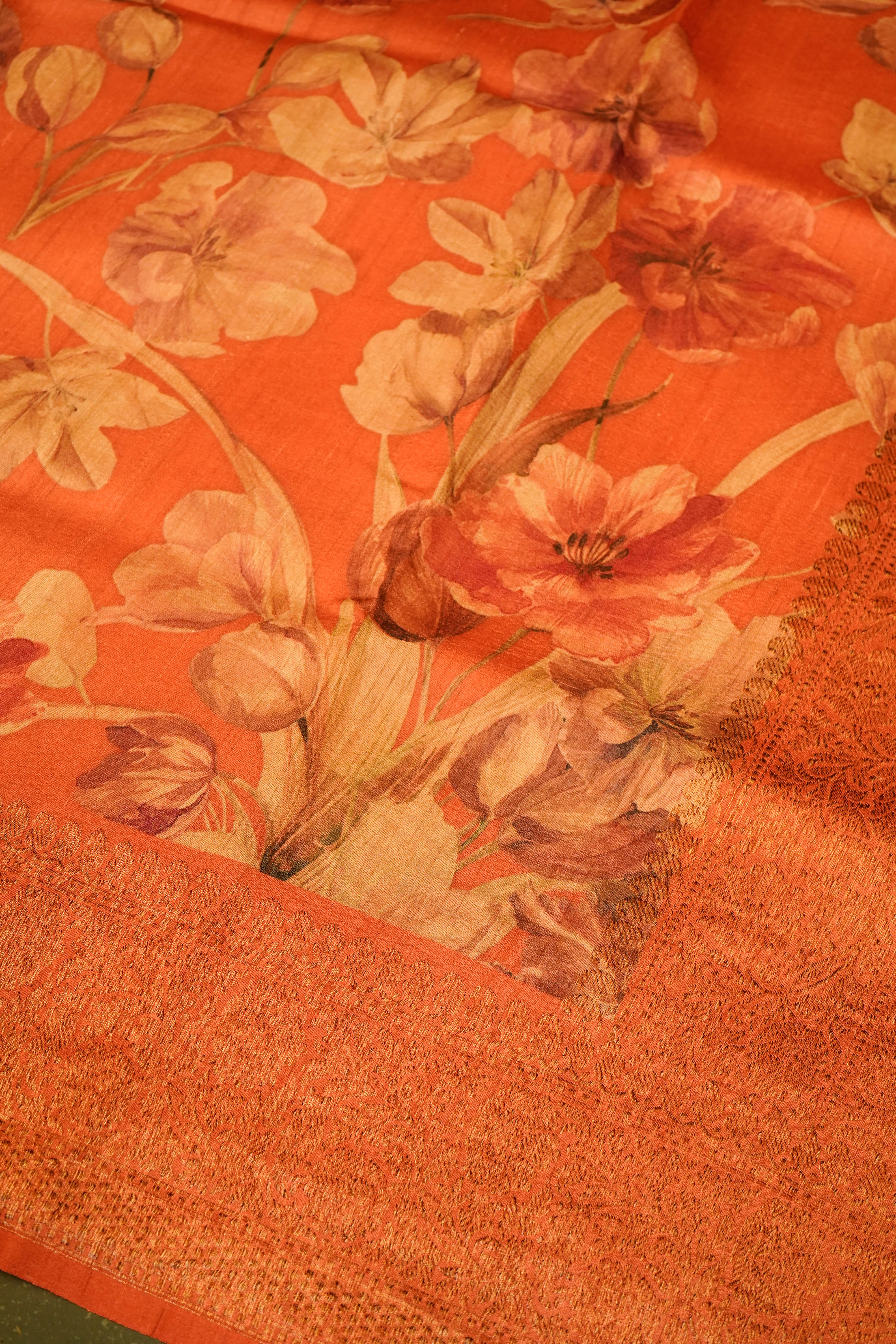 Designer Peach Tussar Silk Saree