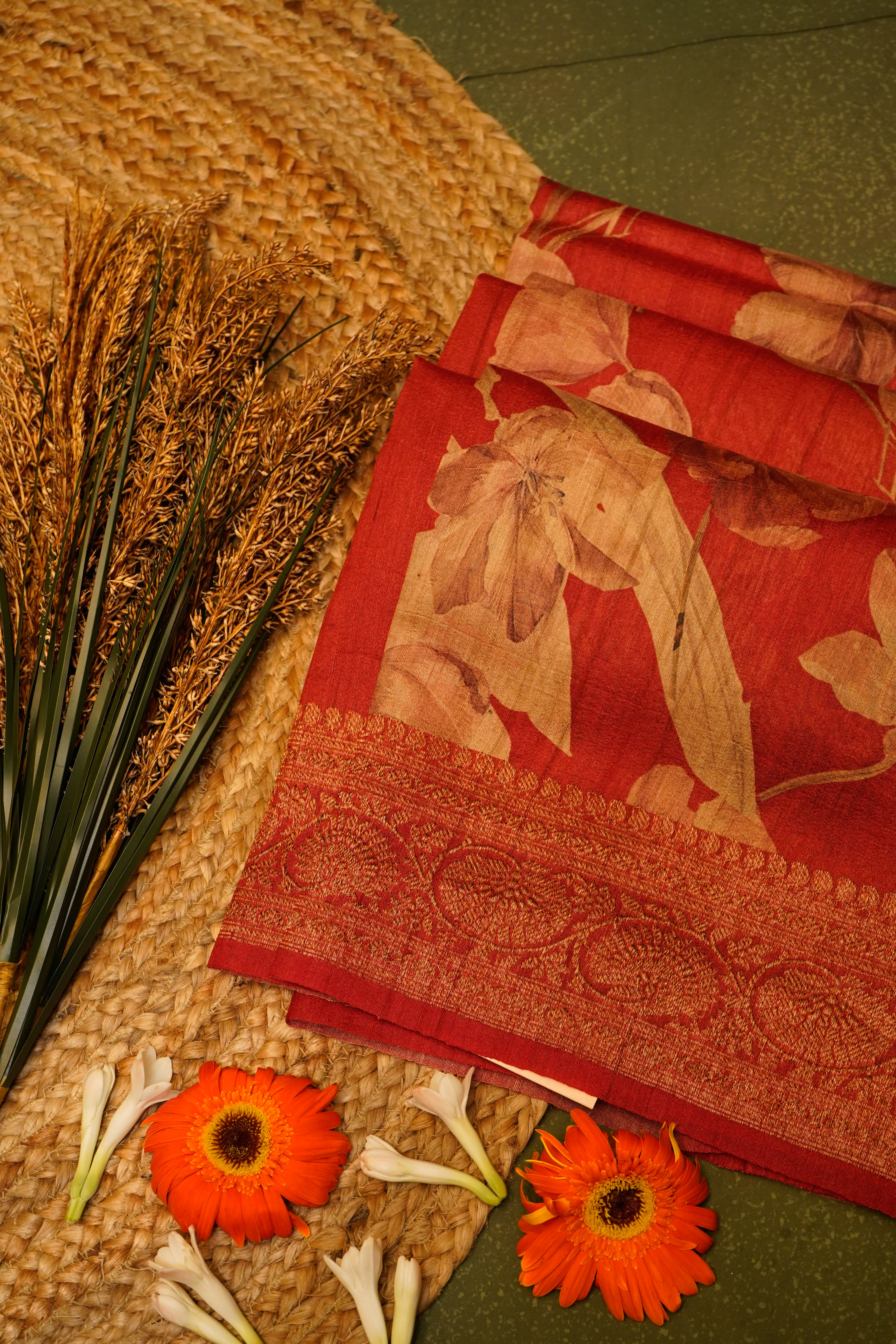 Designer Red Tussar Silk Saree