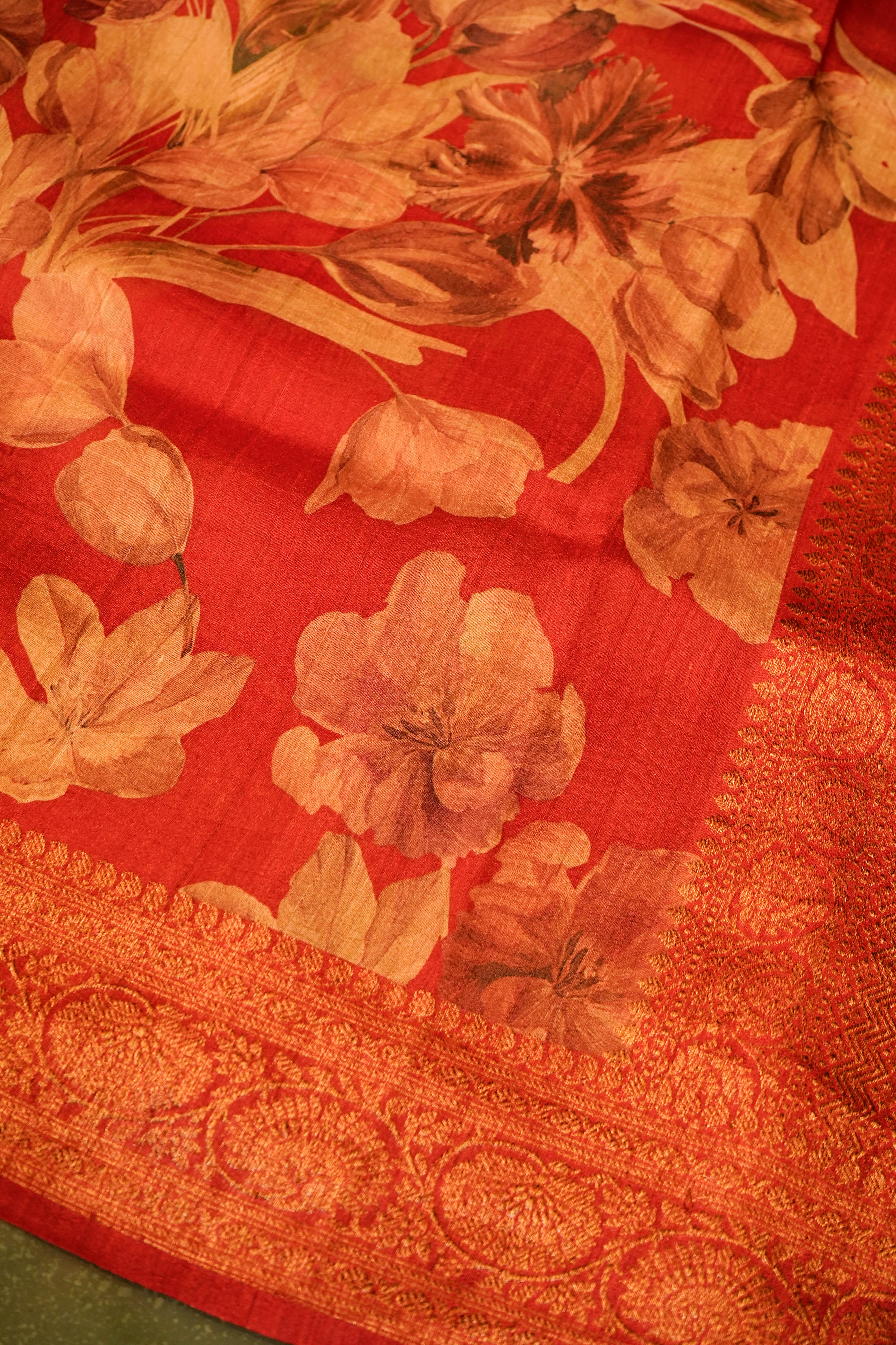 Designer Red Tussar Silk Saree