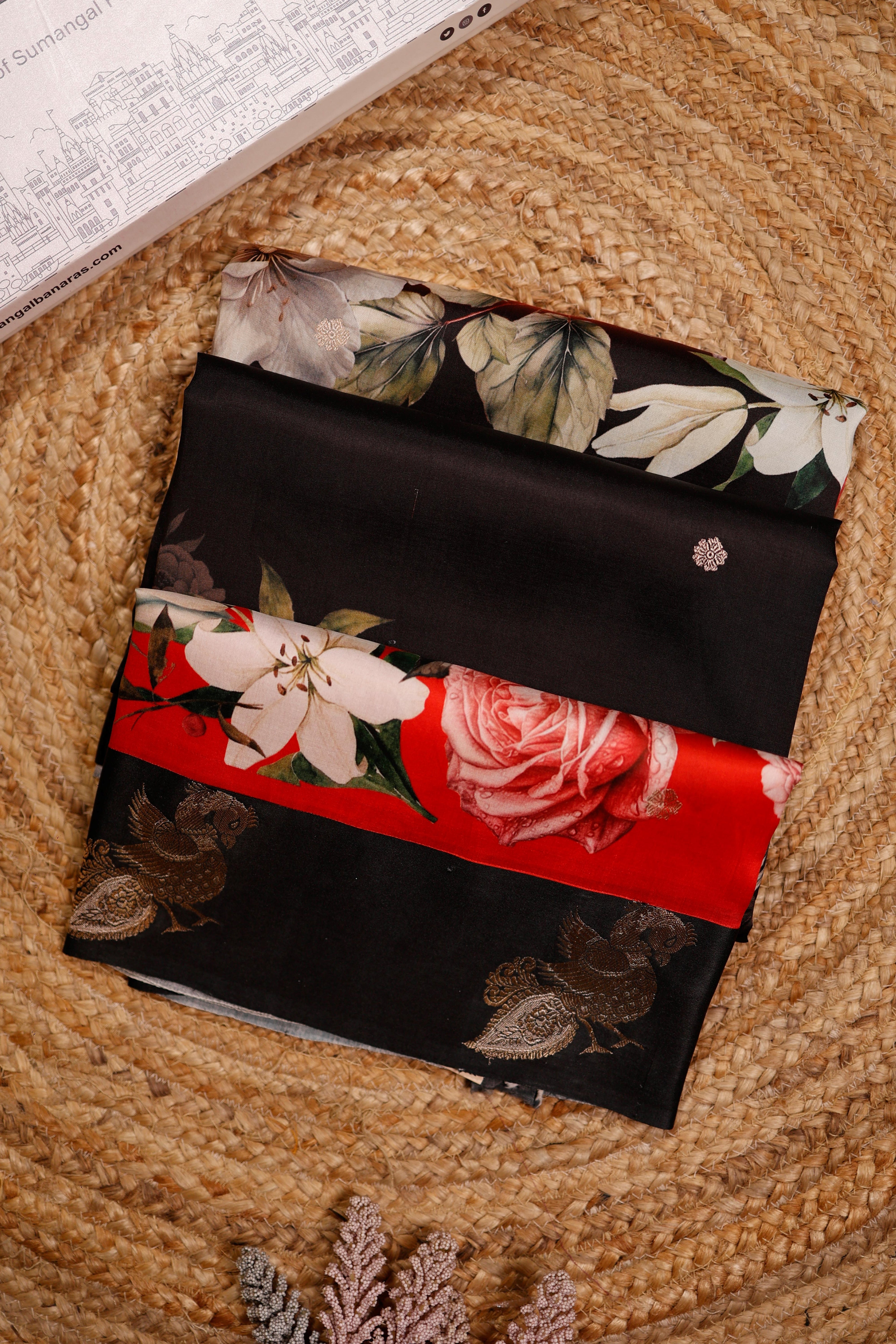 Designer Black & Red Motif Banarasi Katan Soft Silk Saree