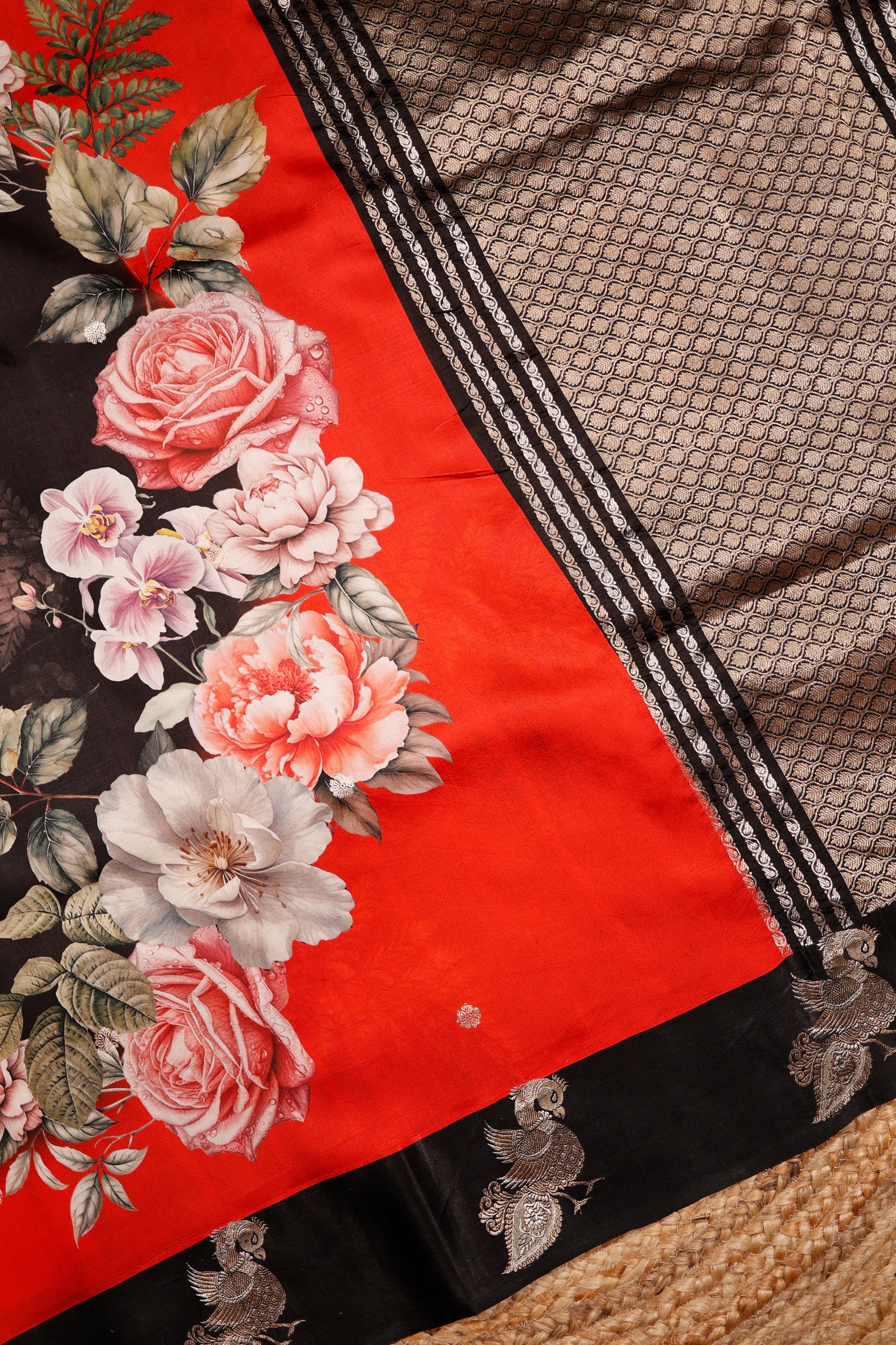 Designer Black & Red Motif Banarasi Katan Soft Silk Saree