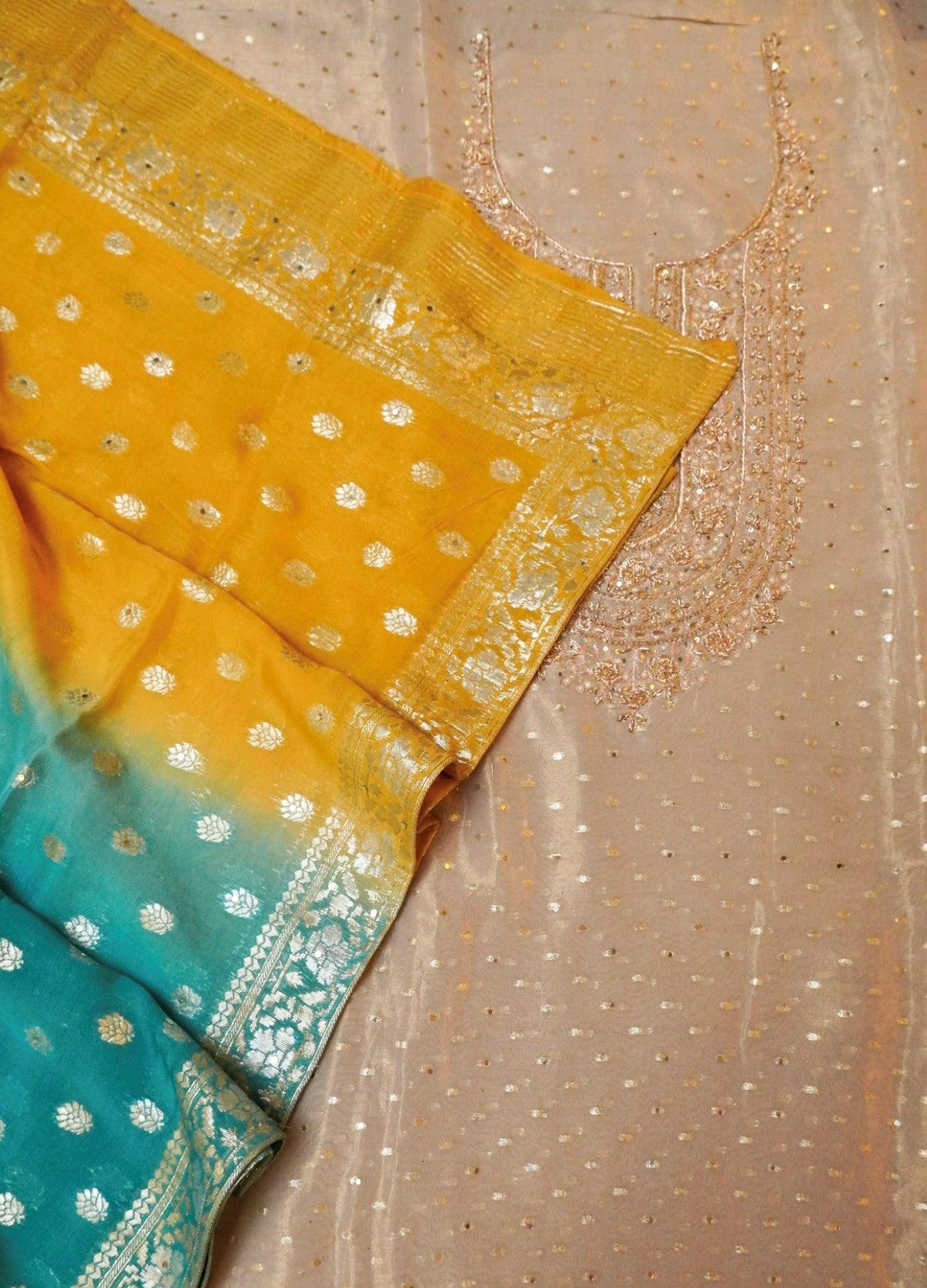 Designer Rose Gold Tissue Silk Suit - Sumangal Ekam