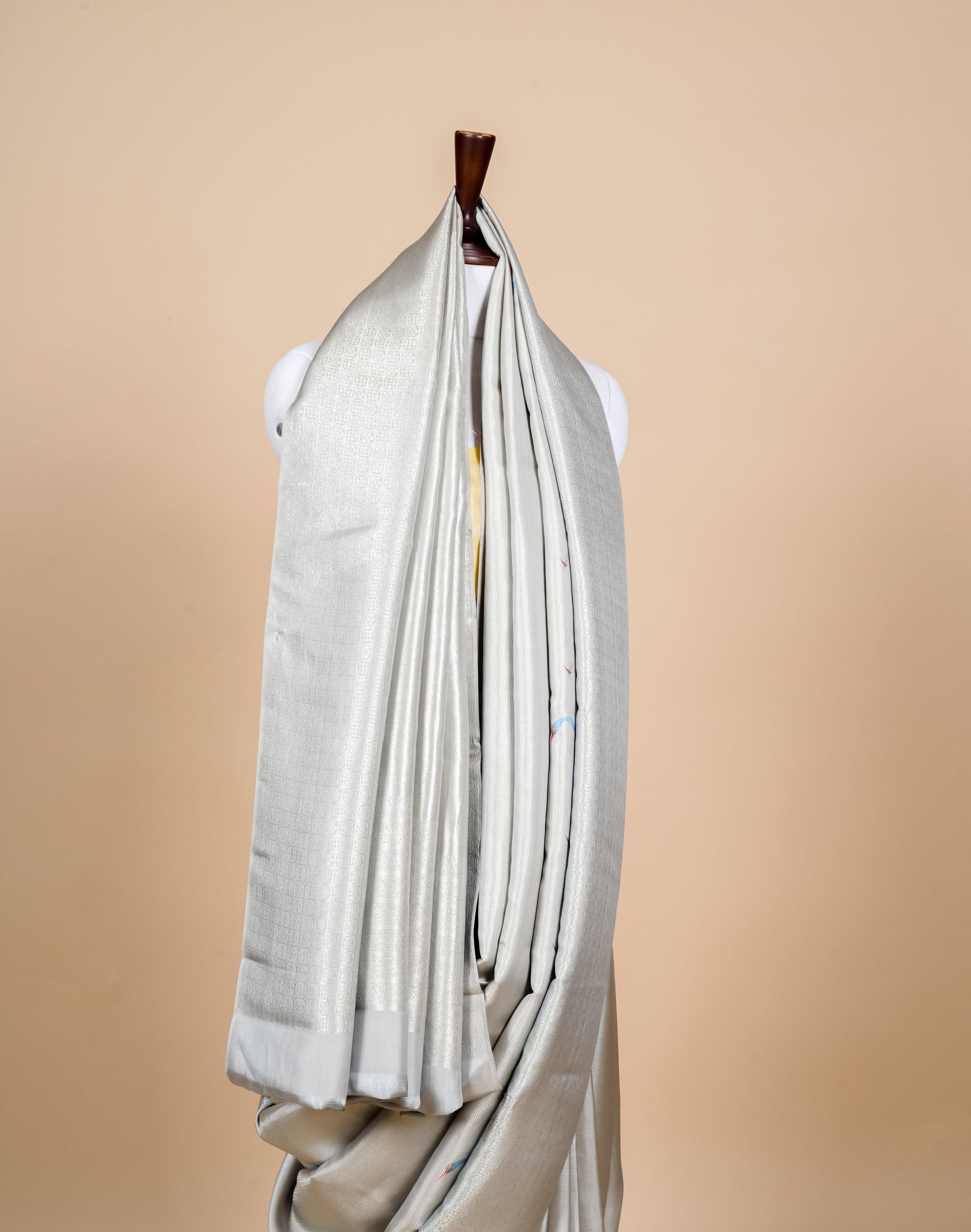 Handwoven Grey Banarasi Mashru Silk Saree - Sumangal Ekam