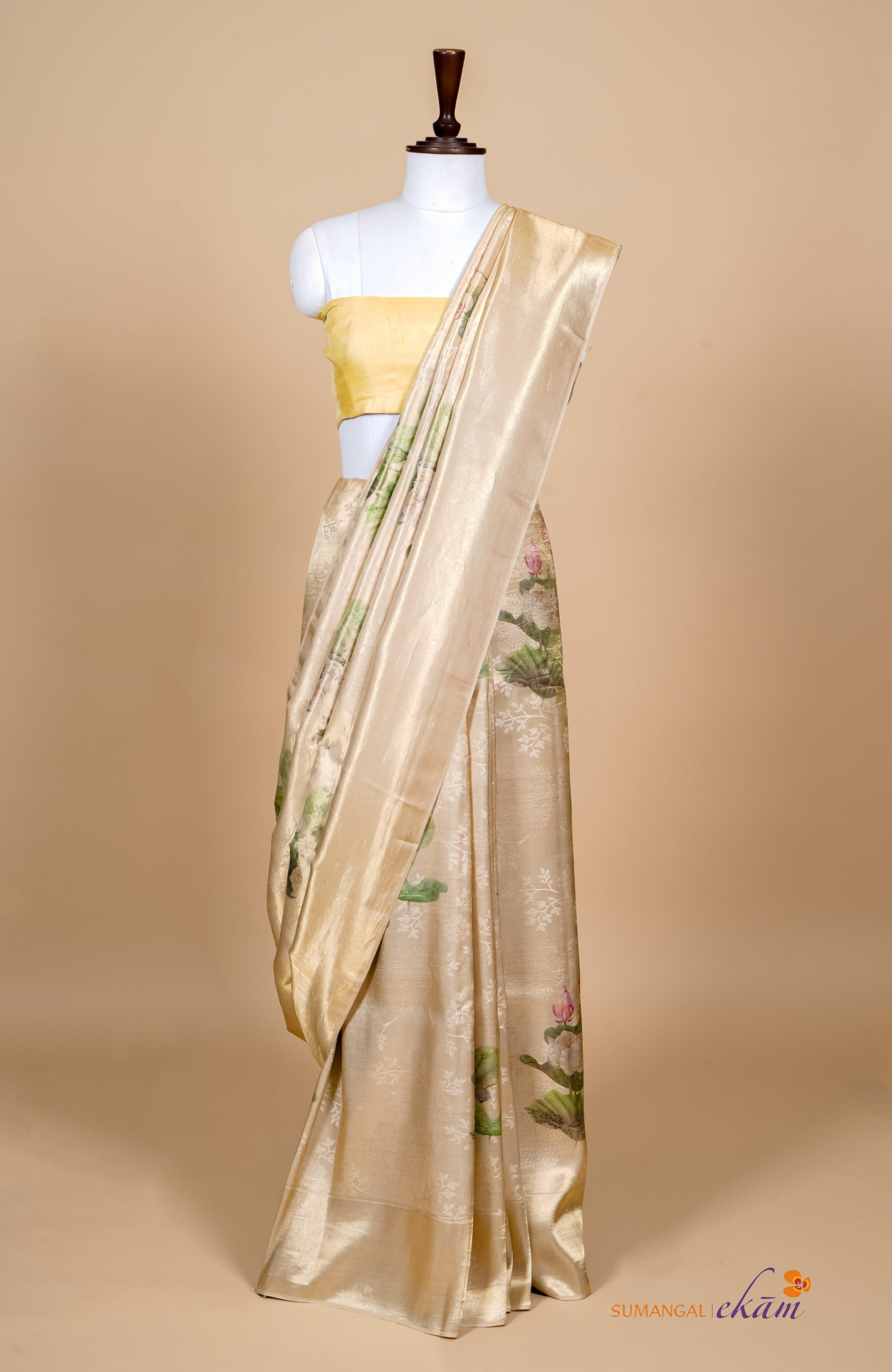 Handwoven Beige Banarasi Mashru Silk Saree - Sumangal Ekam