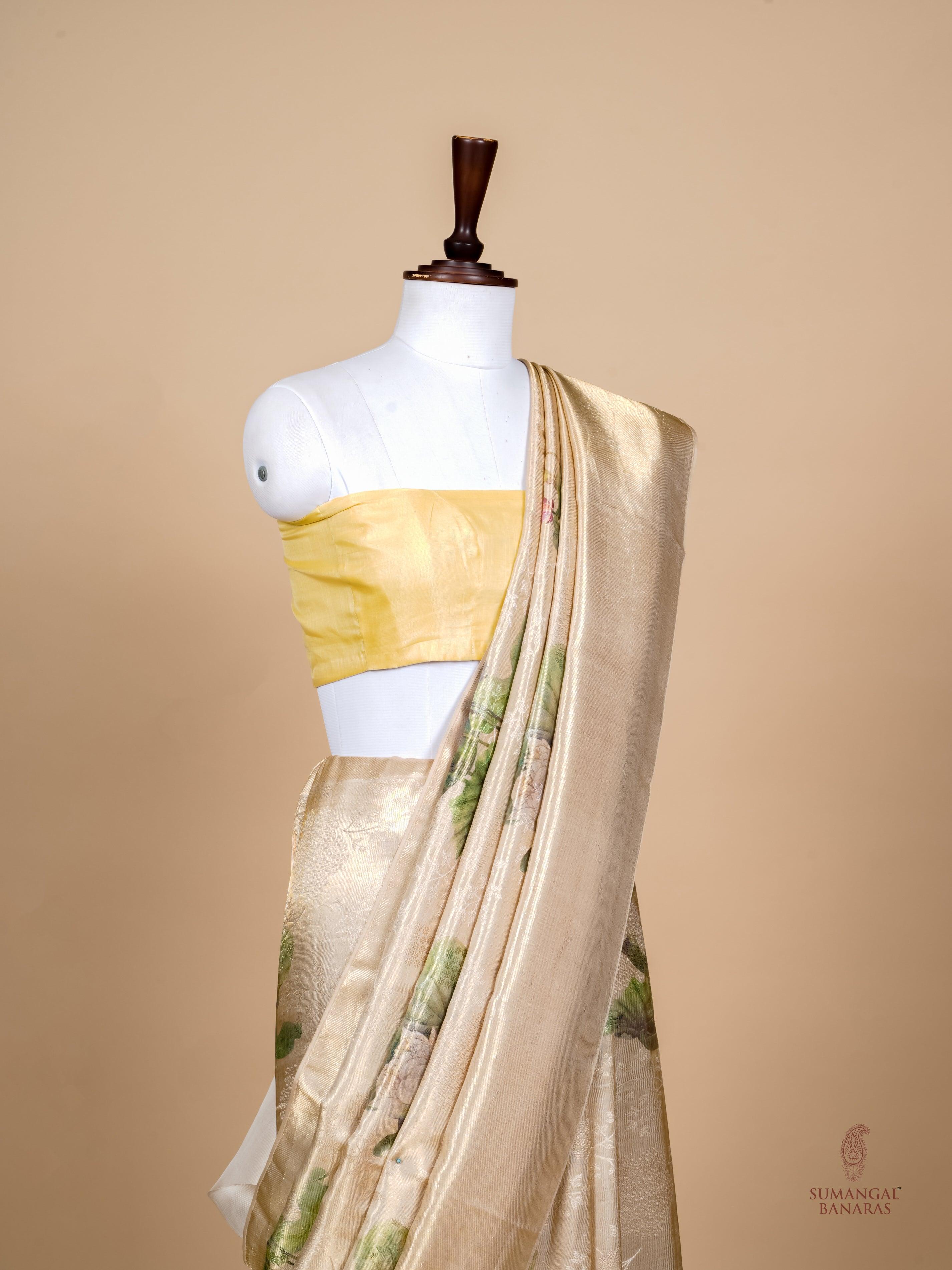 Handwoven Beige Banarasi Mashru Silk Saree - Sumangal Ekam
