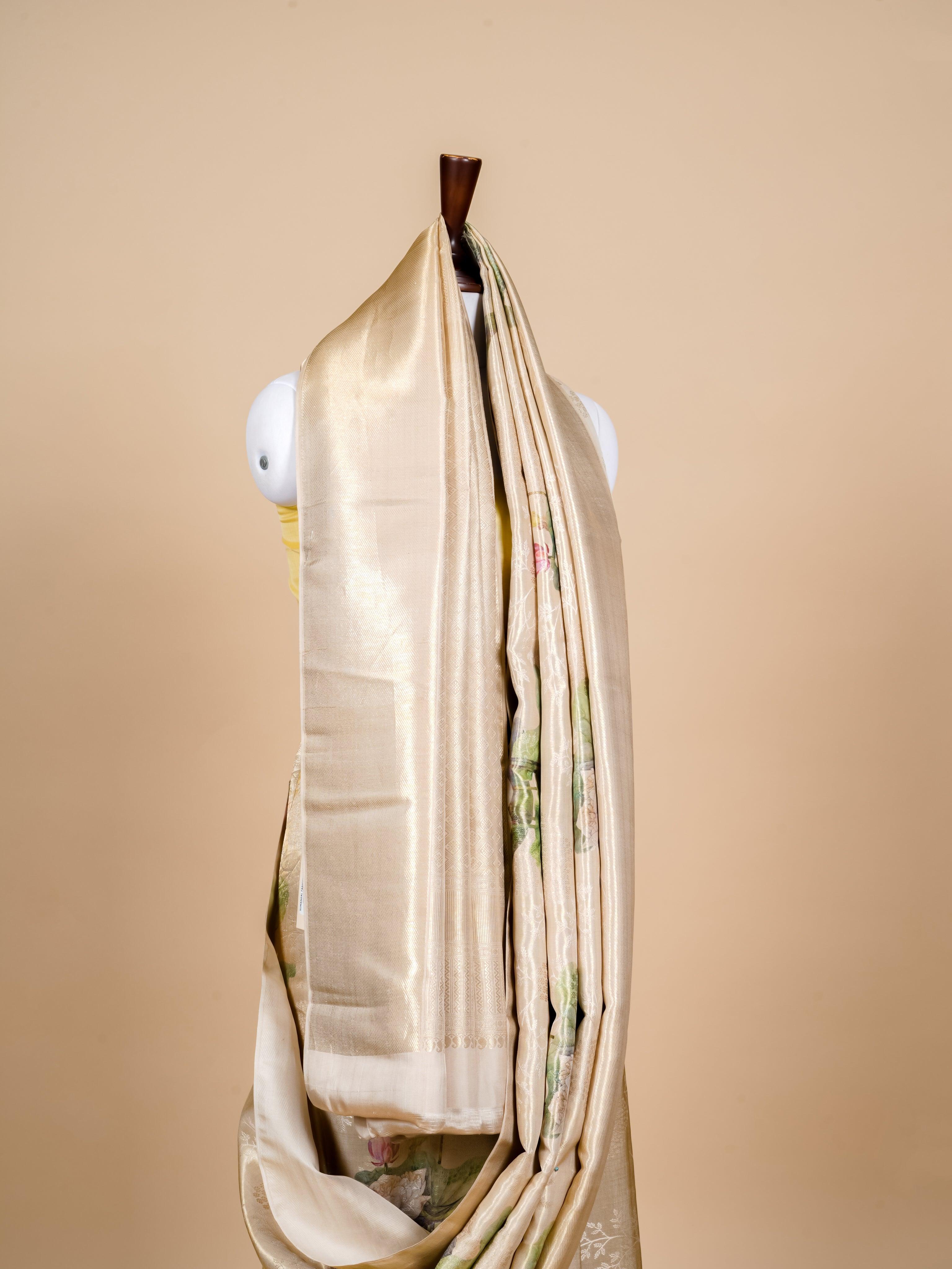 Handwoven Beige Banarasi Mashru Silk Saree - Sumangal Ekam