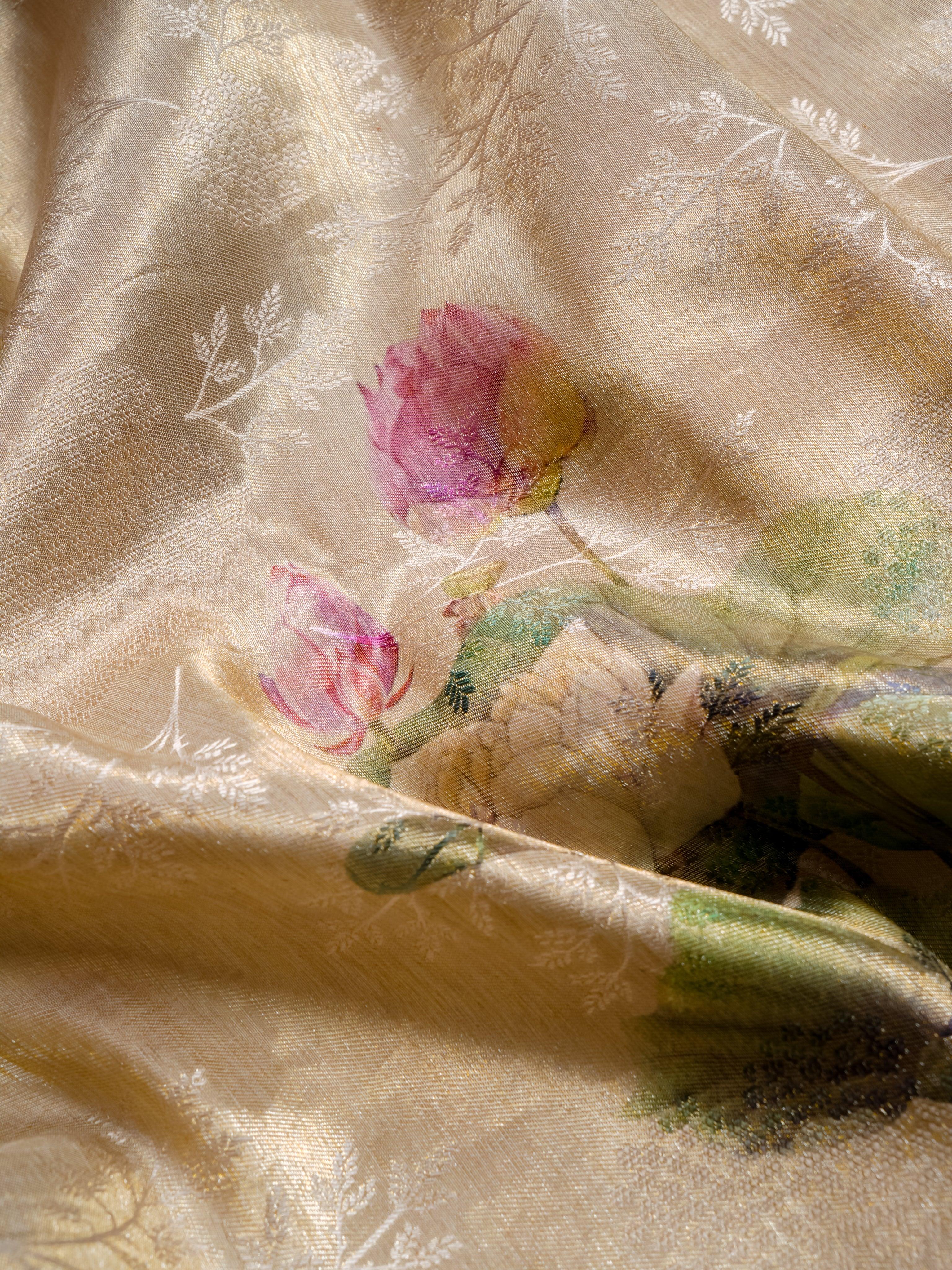 Handwoven Beige Banarasi Mashru Silk Saree - Sumangal Ekam
