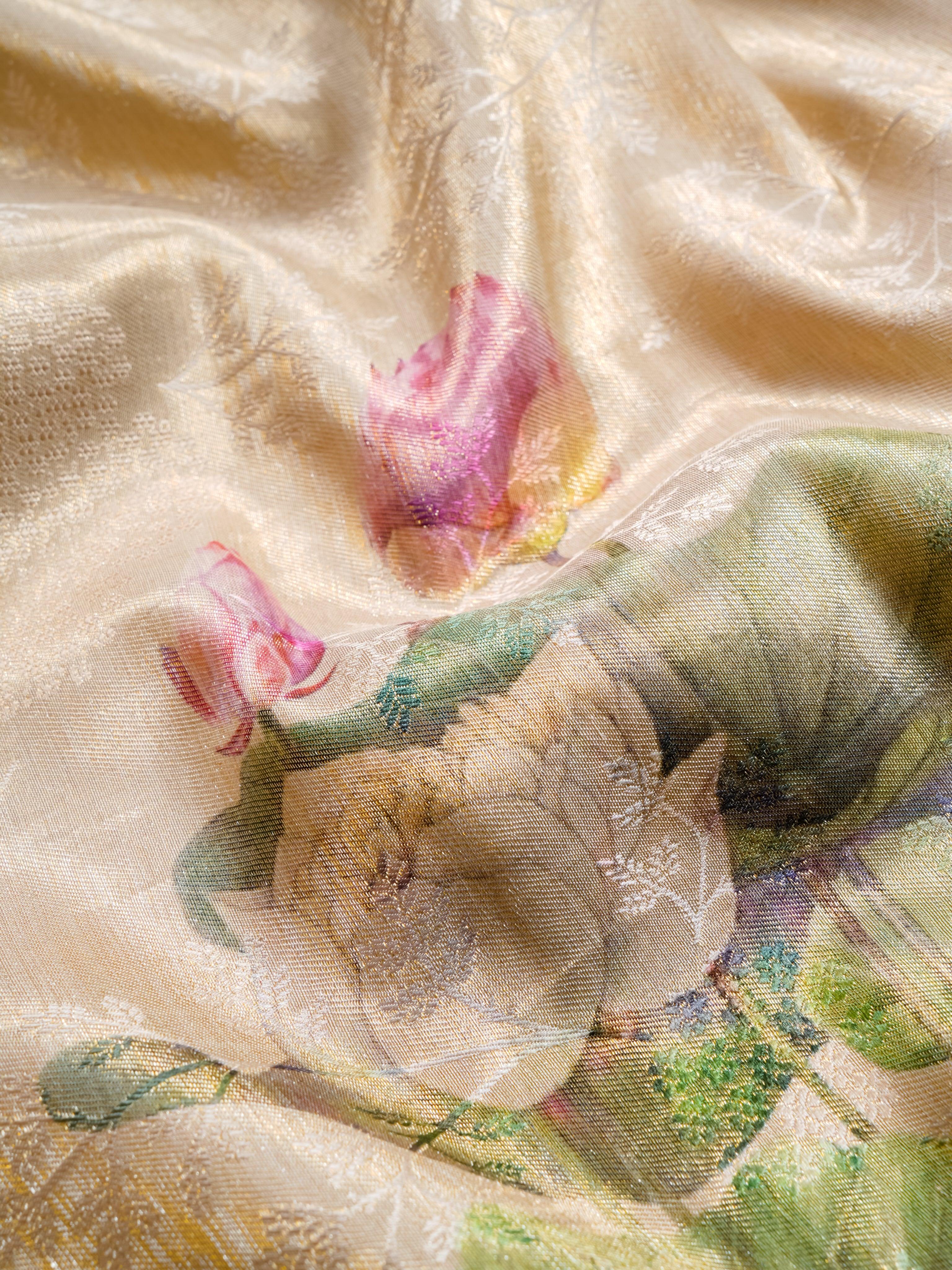 Handwoven Beige Banarasi Mashru Silk Saree - Sumangal Ekam