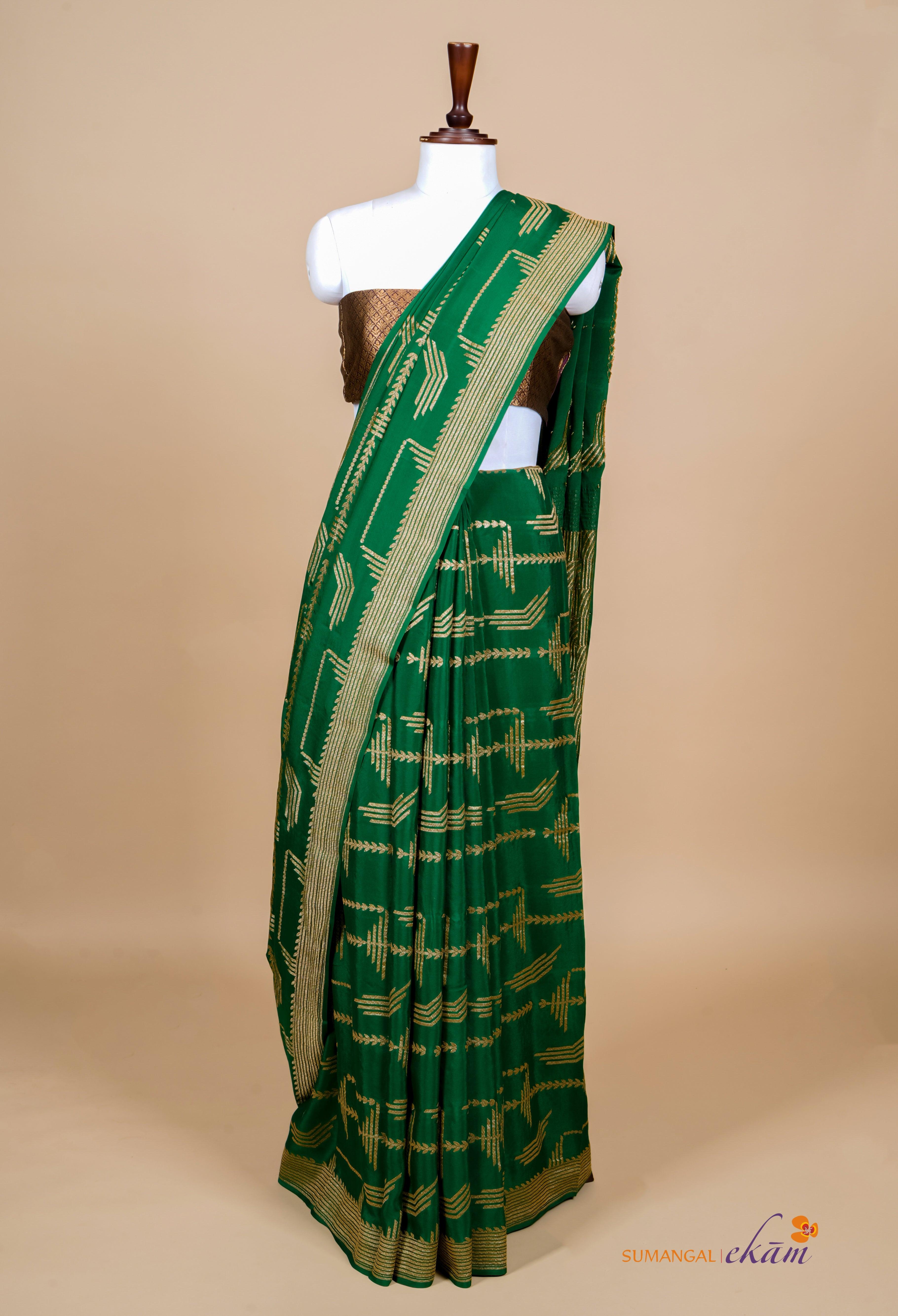 Handwoven Green Banarasi Crepe Georgette Saree - Sumangal Ekam