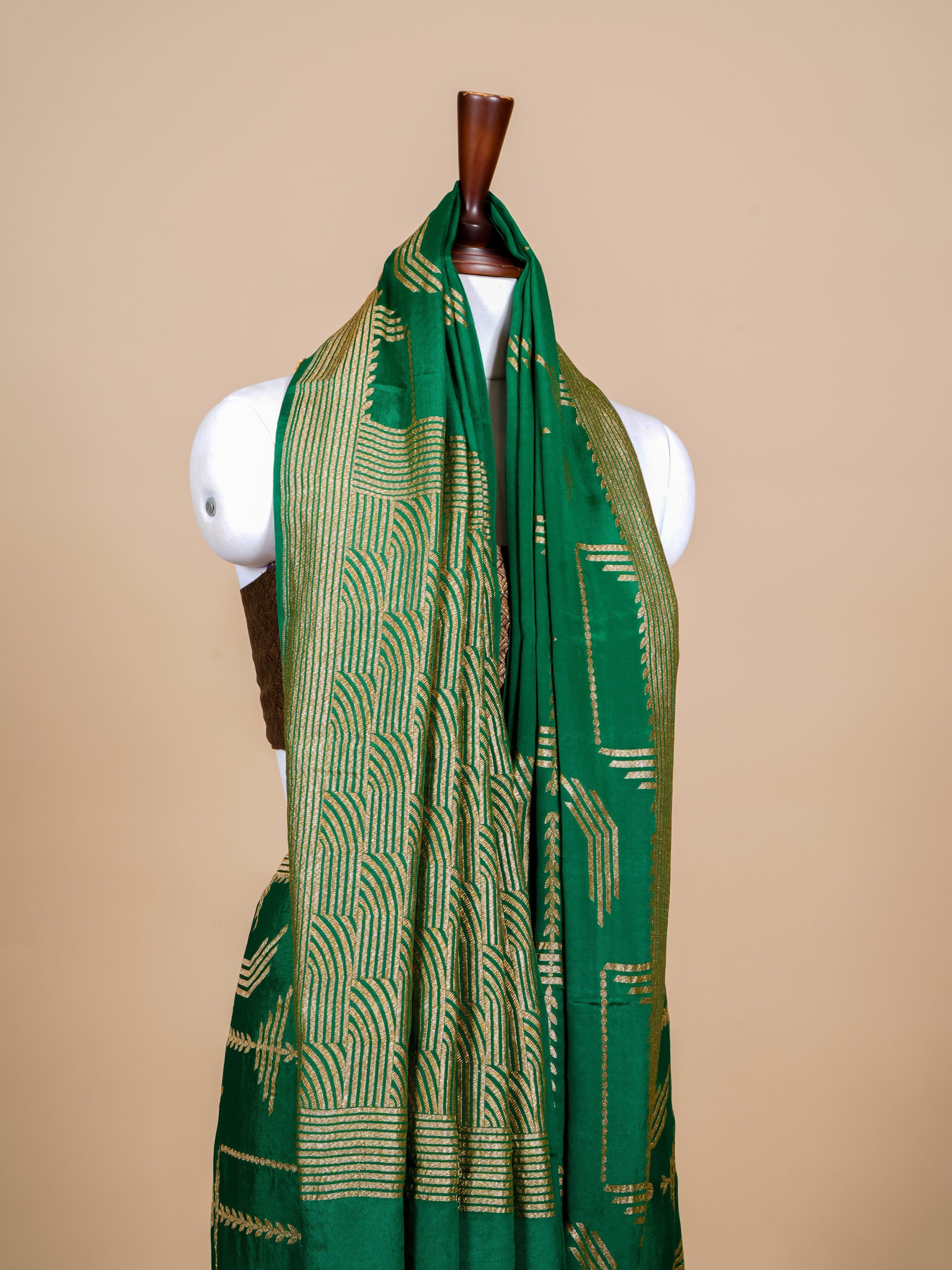 Handwoven Green Banarasi Crepe Georgette Saree - Sumangal Ekam