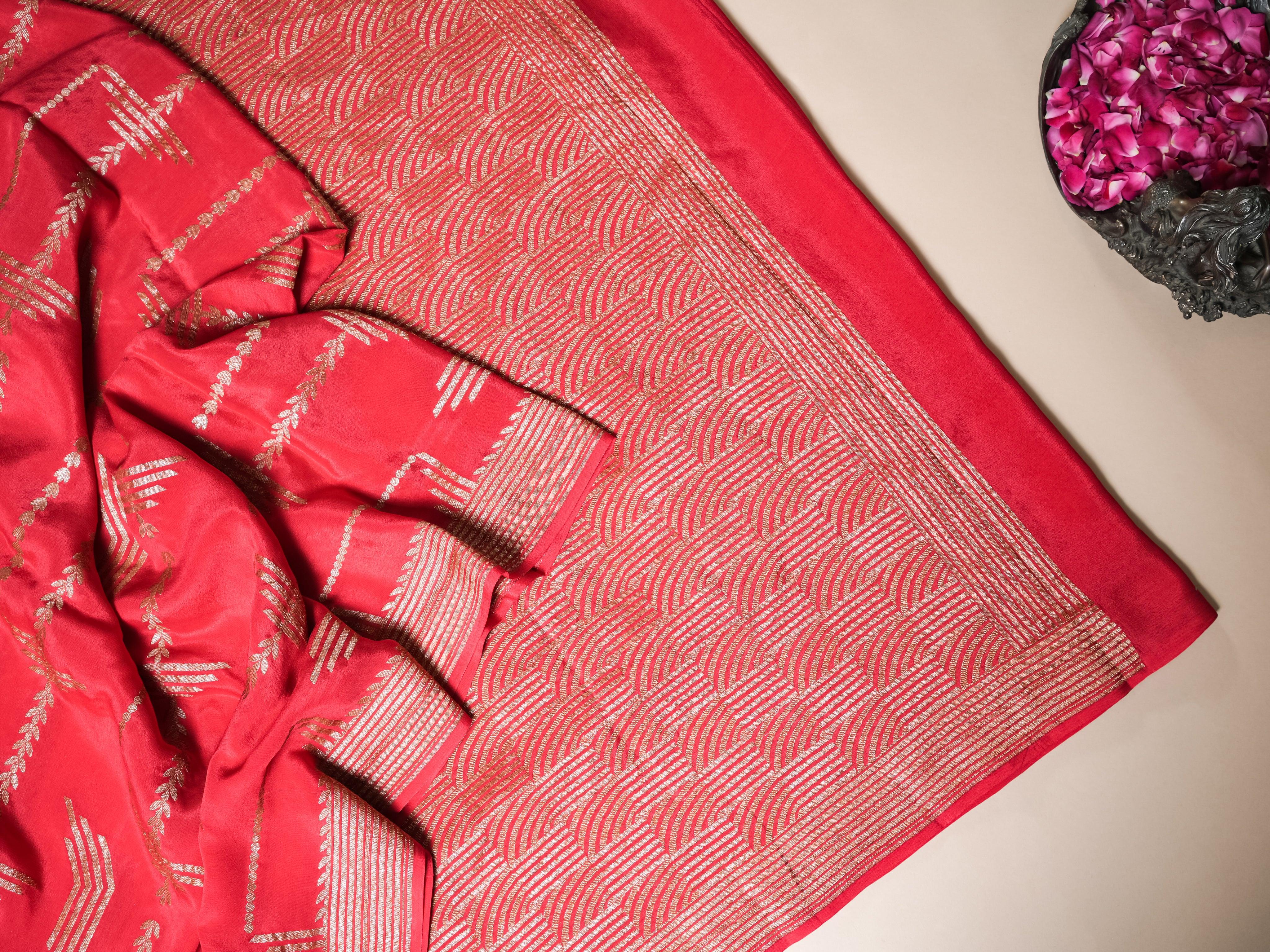 Handwoven Red Banarasi Crepe Georgette Silk Saree - Sumangal Ekam