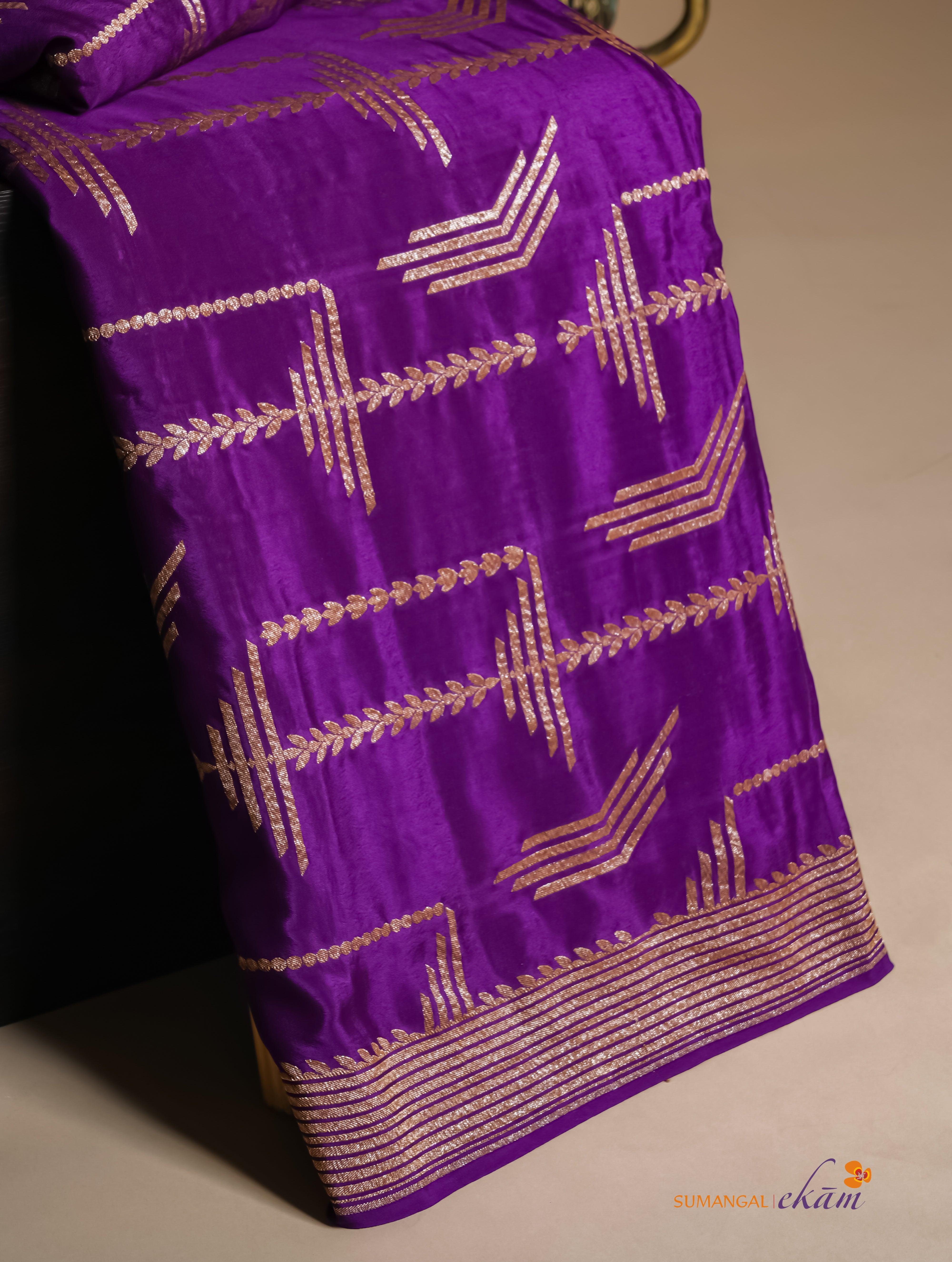 Handwoven Purple Banarasi Crepe Georgette Silk Saree - Sumangal Ekam