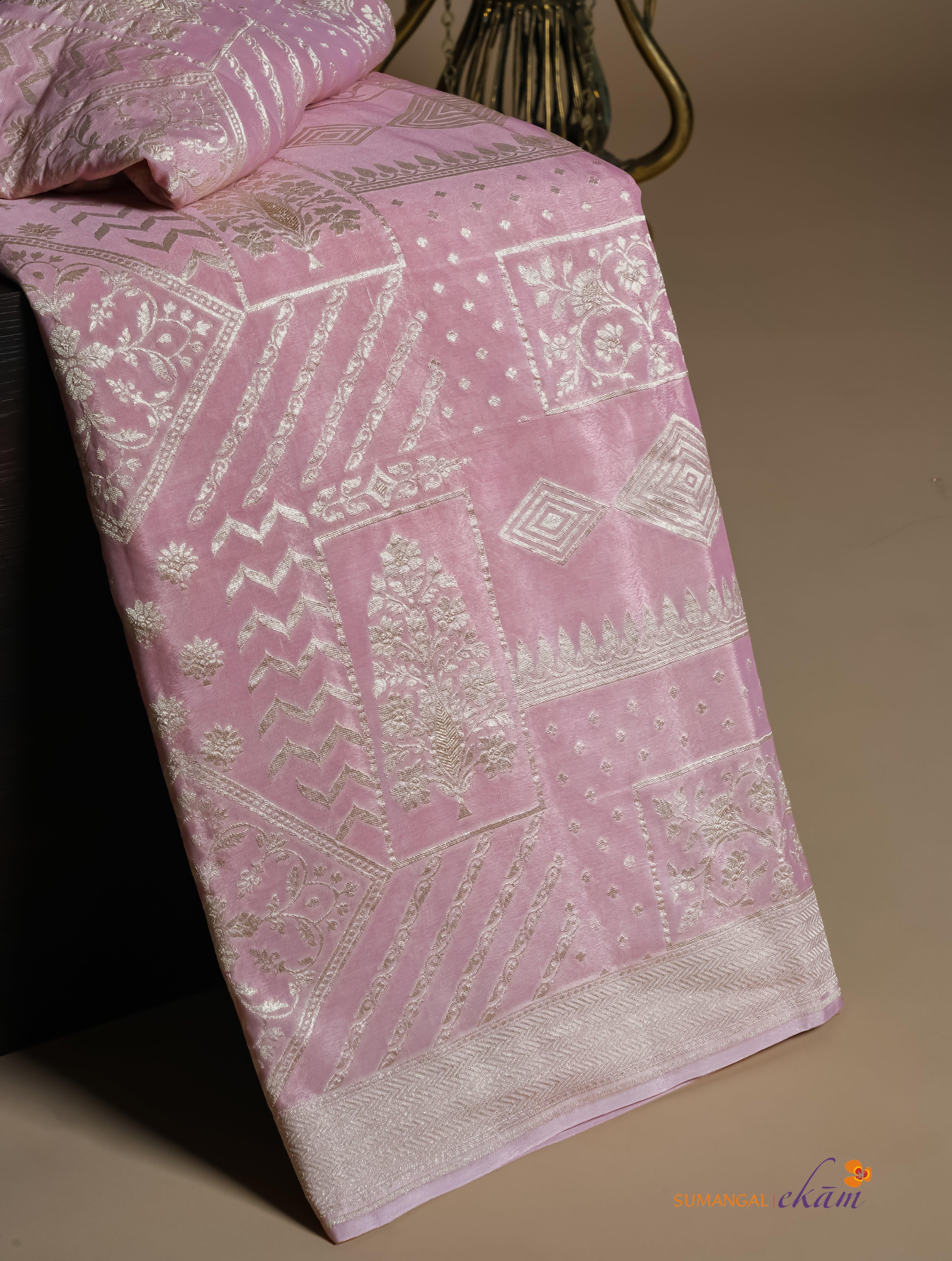 Handwoven Pastel Pink Banarasi Crepe Georgette Silk Saree - Sumangal Ekam