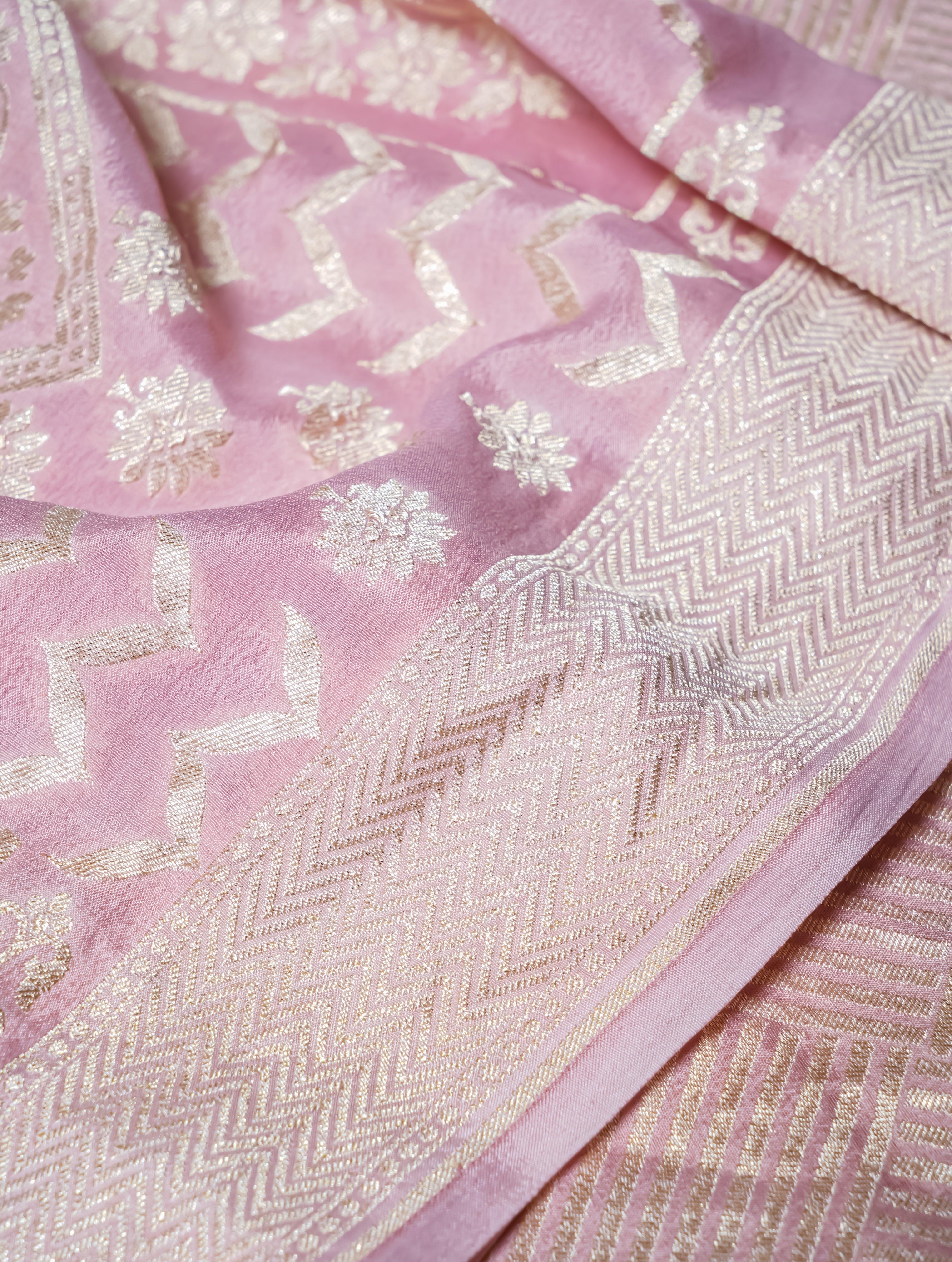 Handwoven Pastel Pink Banarasi Crepe Georgette Silk Saree - Sumangal Ekam