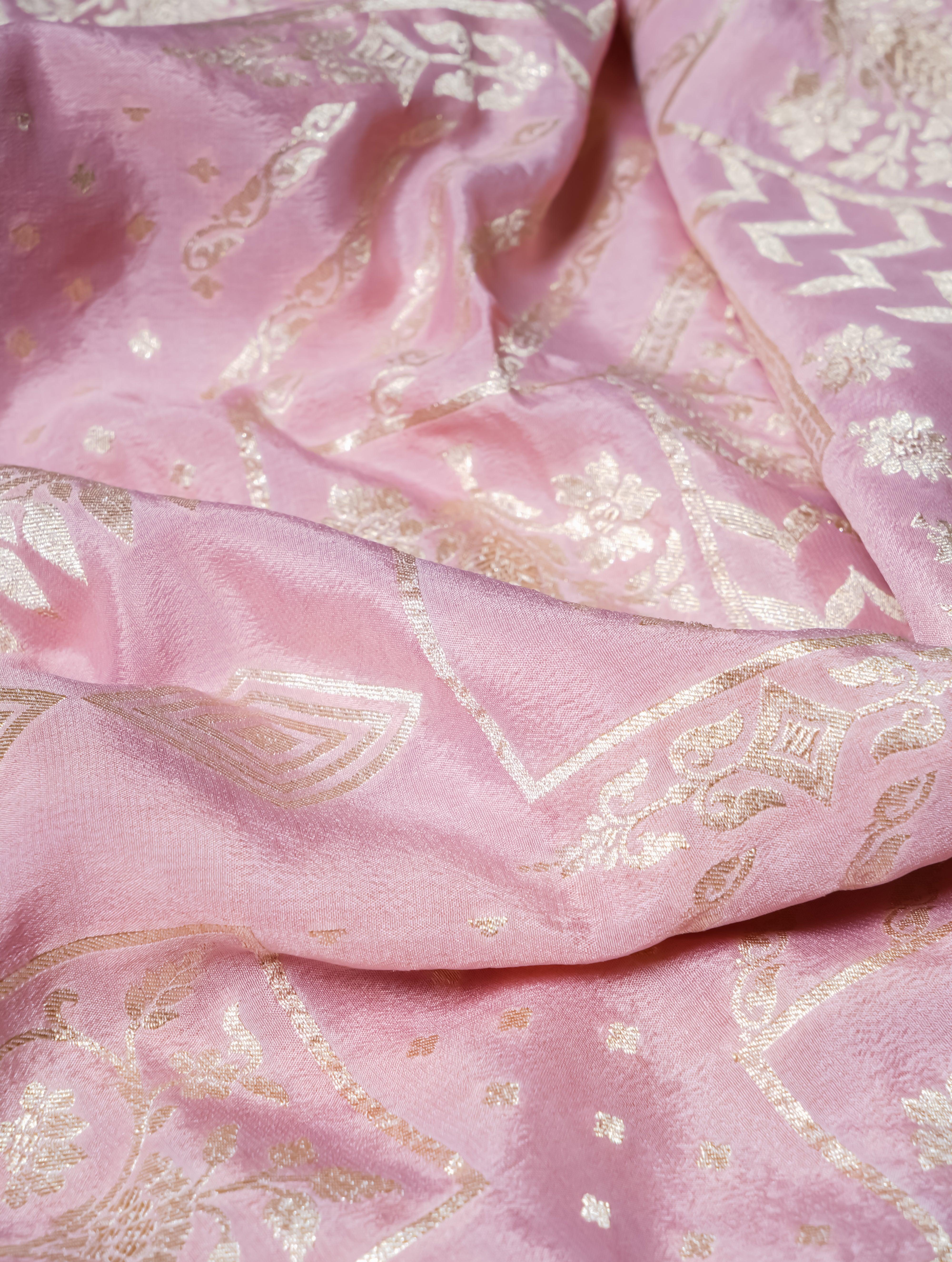 Handwoven Pastel Pink Banarasi Crepe Georgette Silk Saree - Sumangal Ekam