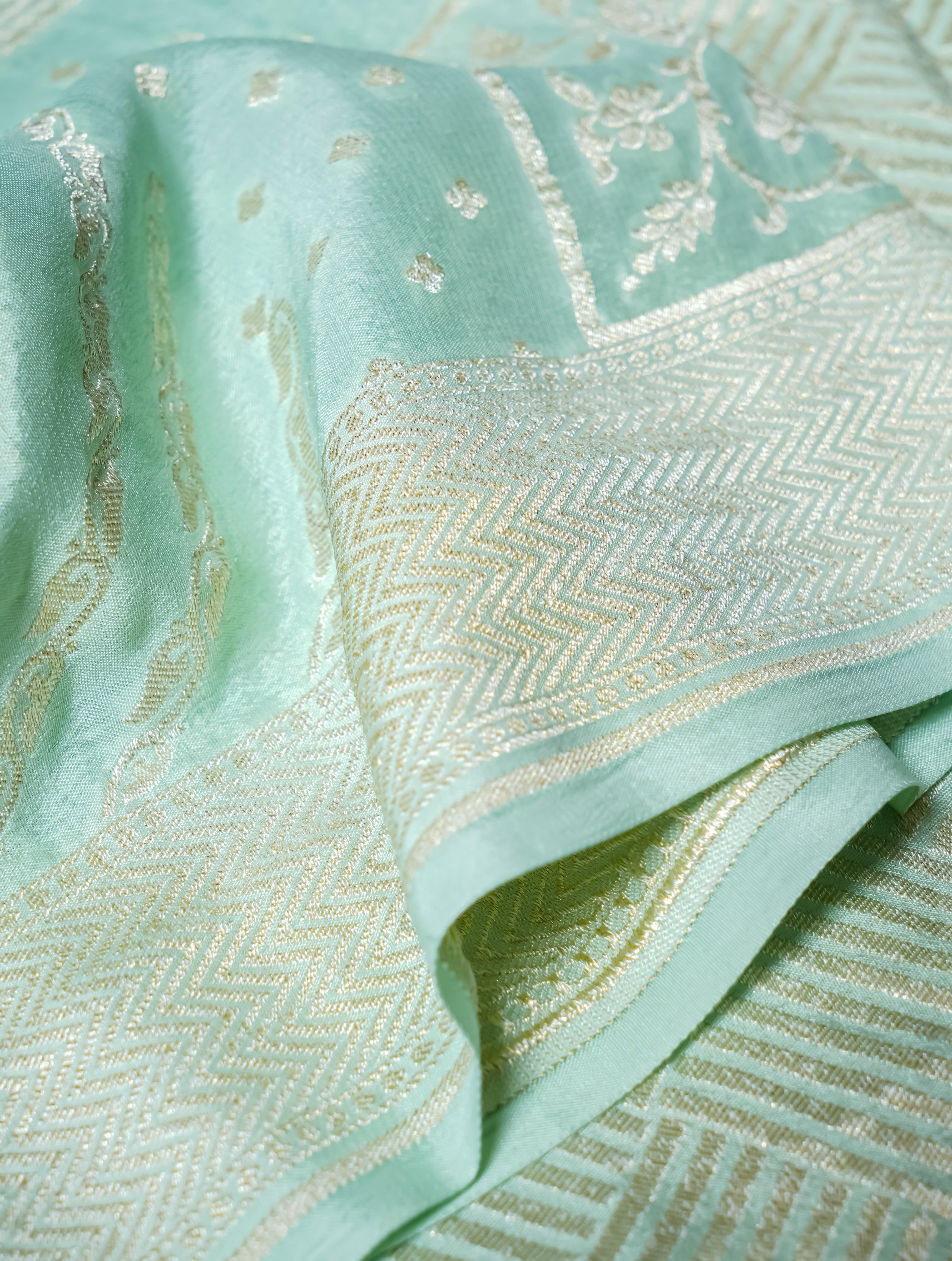 Handwoven Pastel Green Banarasi Crepe Georgette Silk Saree - Sumangal Ekam