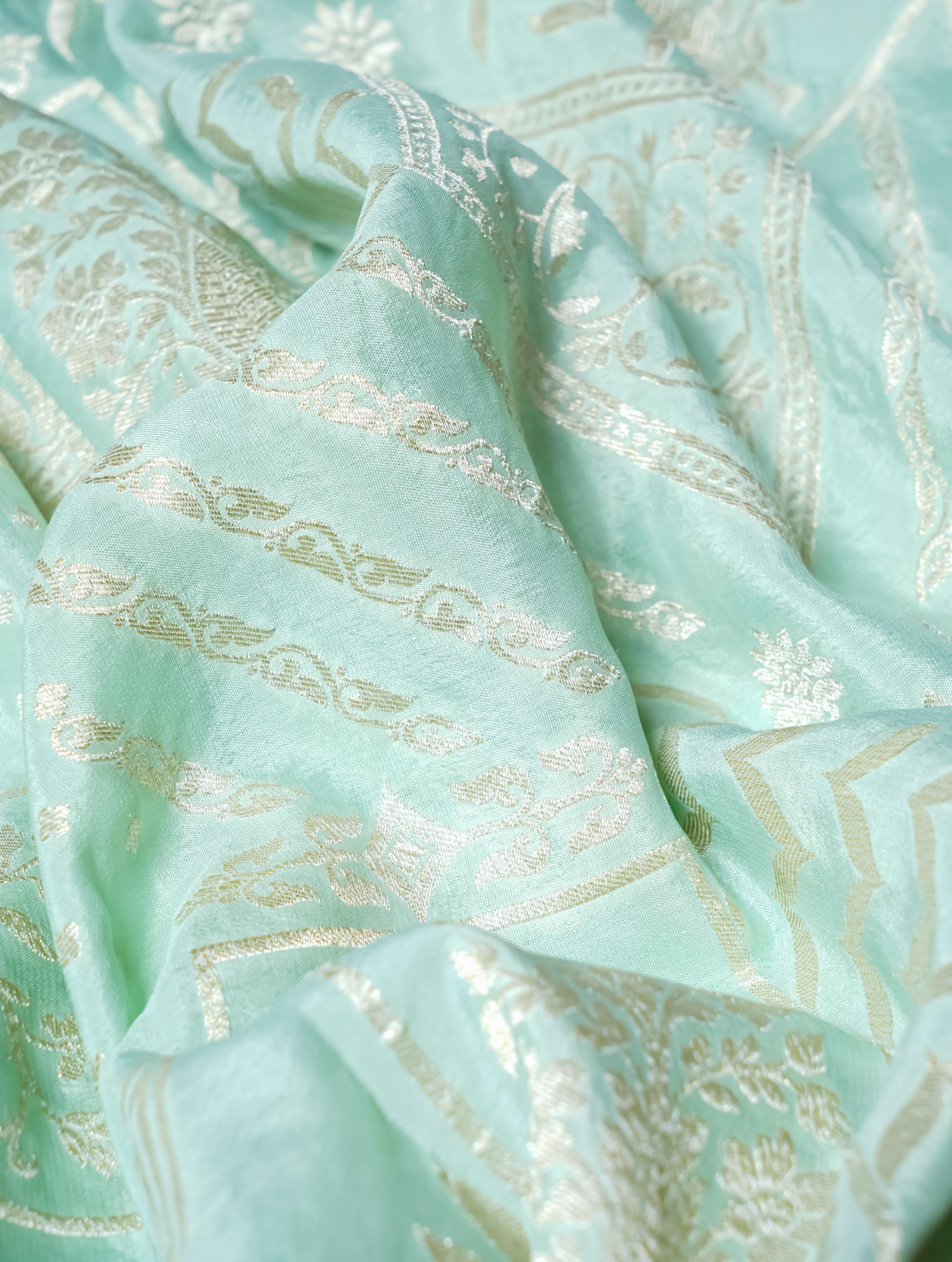 Handwoven Pastel Green Banarasi Crepe Georgette Silk Saree - Sumangal Ekam