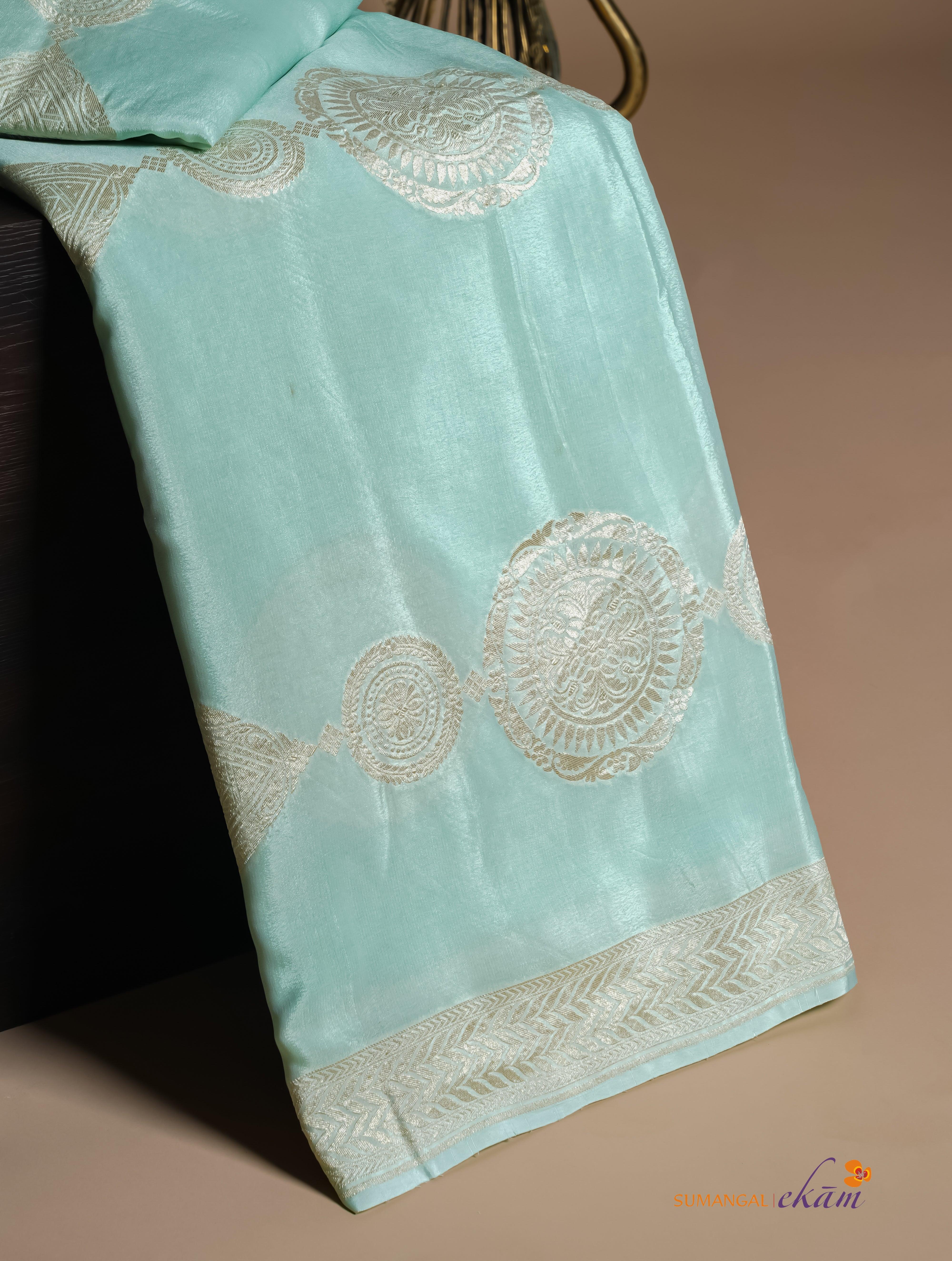 Handwoven Pastel Green Banarasi Crepe Georgette Silk Saree - Sumangal Ekam