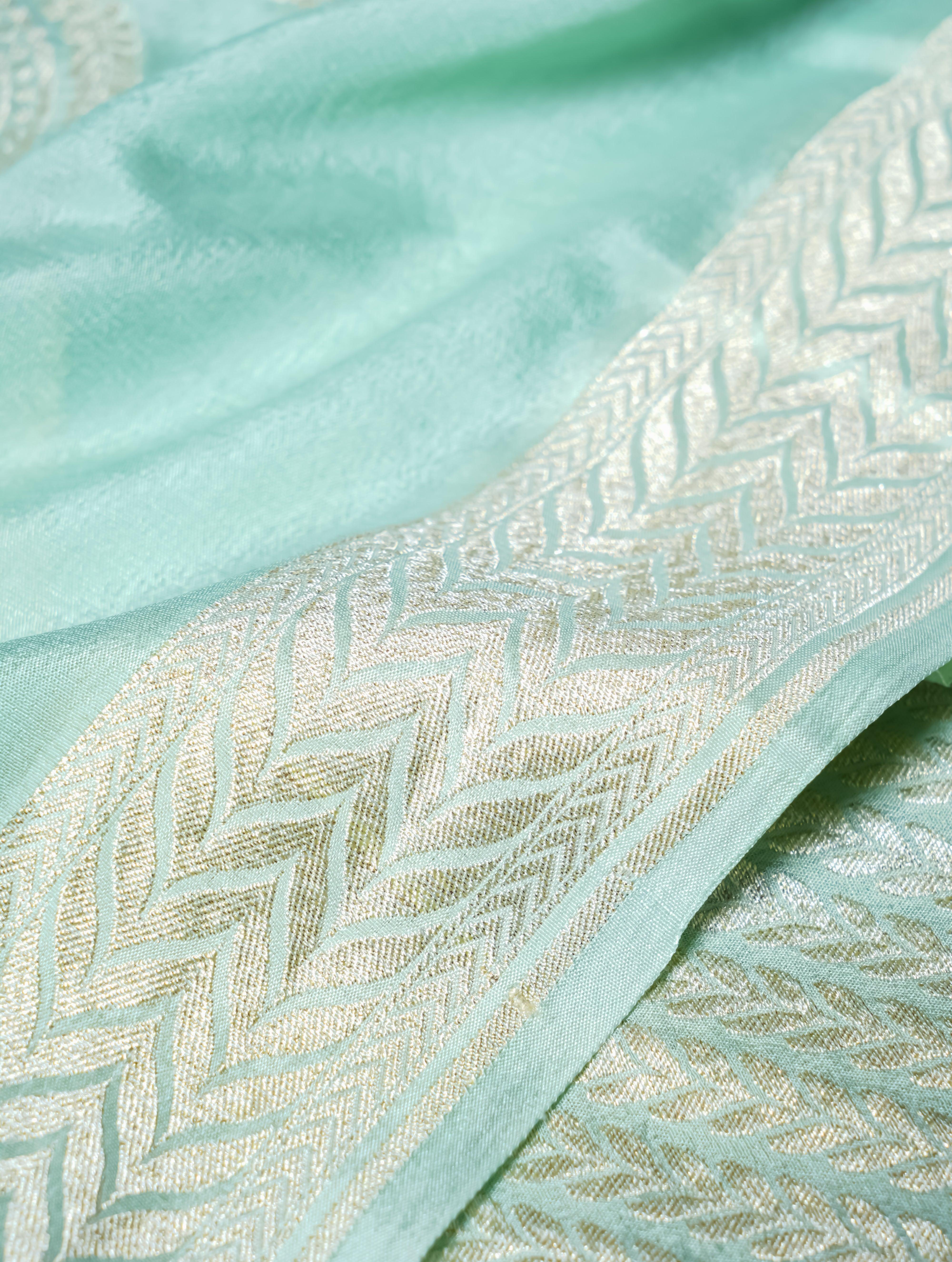 Handwoven Pastel Green Banarasi Crepe Georgette Silk Saree - Sumangal Ekam