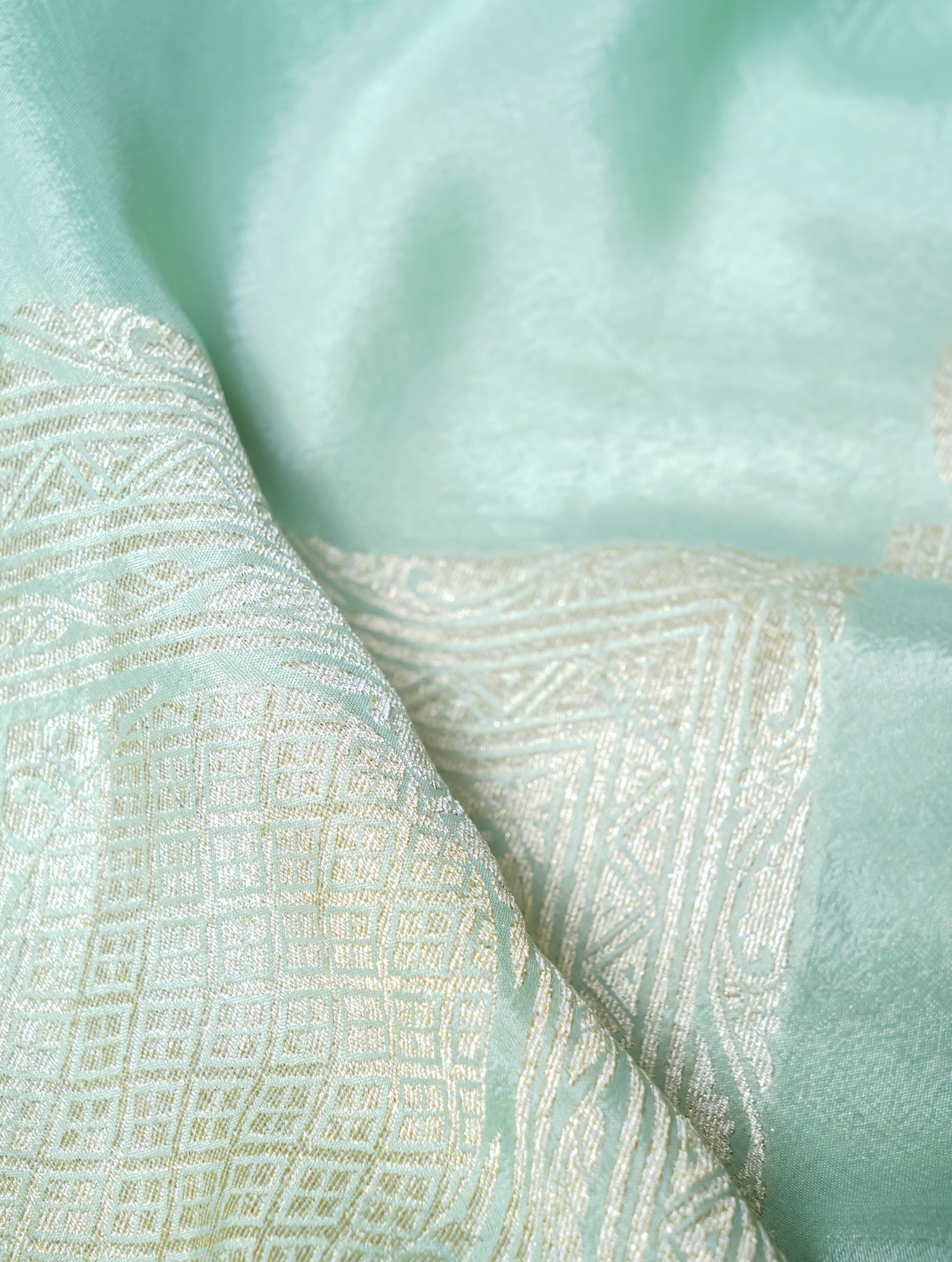 Handwoven Pastel Green Banarasi Crepe Georgette Silk Saree - Sumangal Ekam