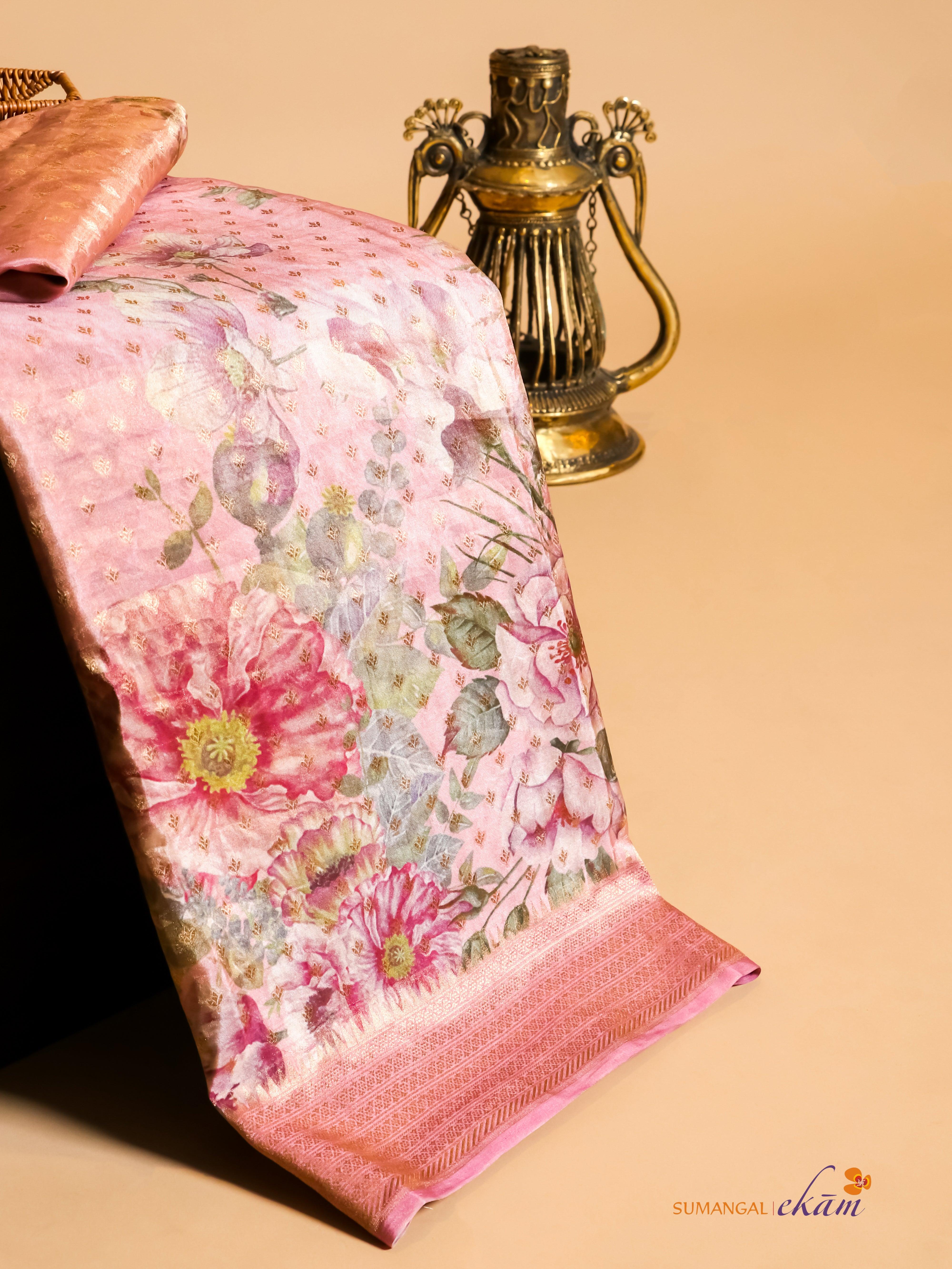 Handwoven Peach Banarasi Tissue Silk Saree - Sumangal Ekam
