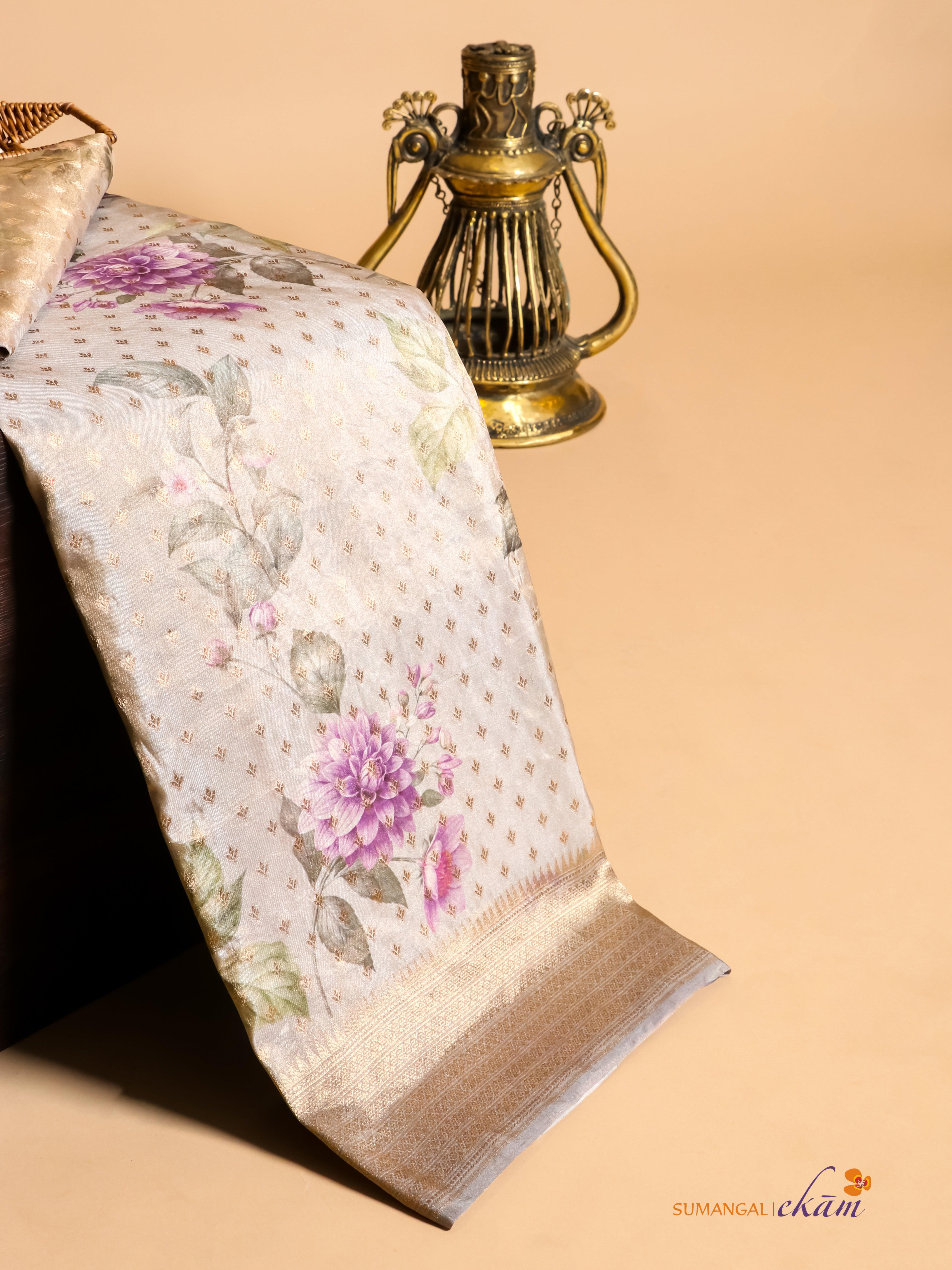 Handwoven Grey Banarasi Tissue Silk Saree - Sumangal Ekam