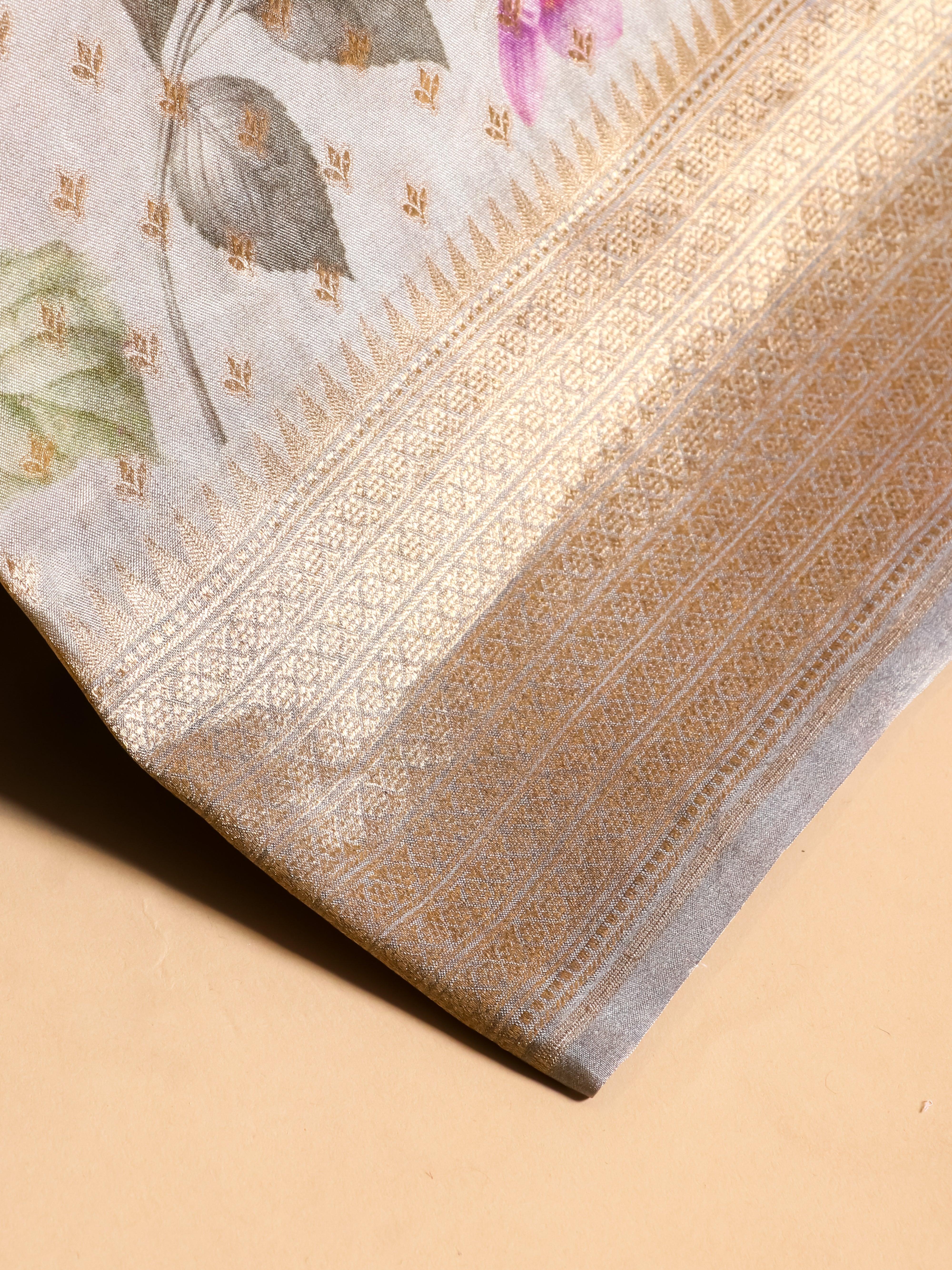 Handwoven Grey Banarasi Tissue Silk Saree - Sumangal Ekam