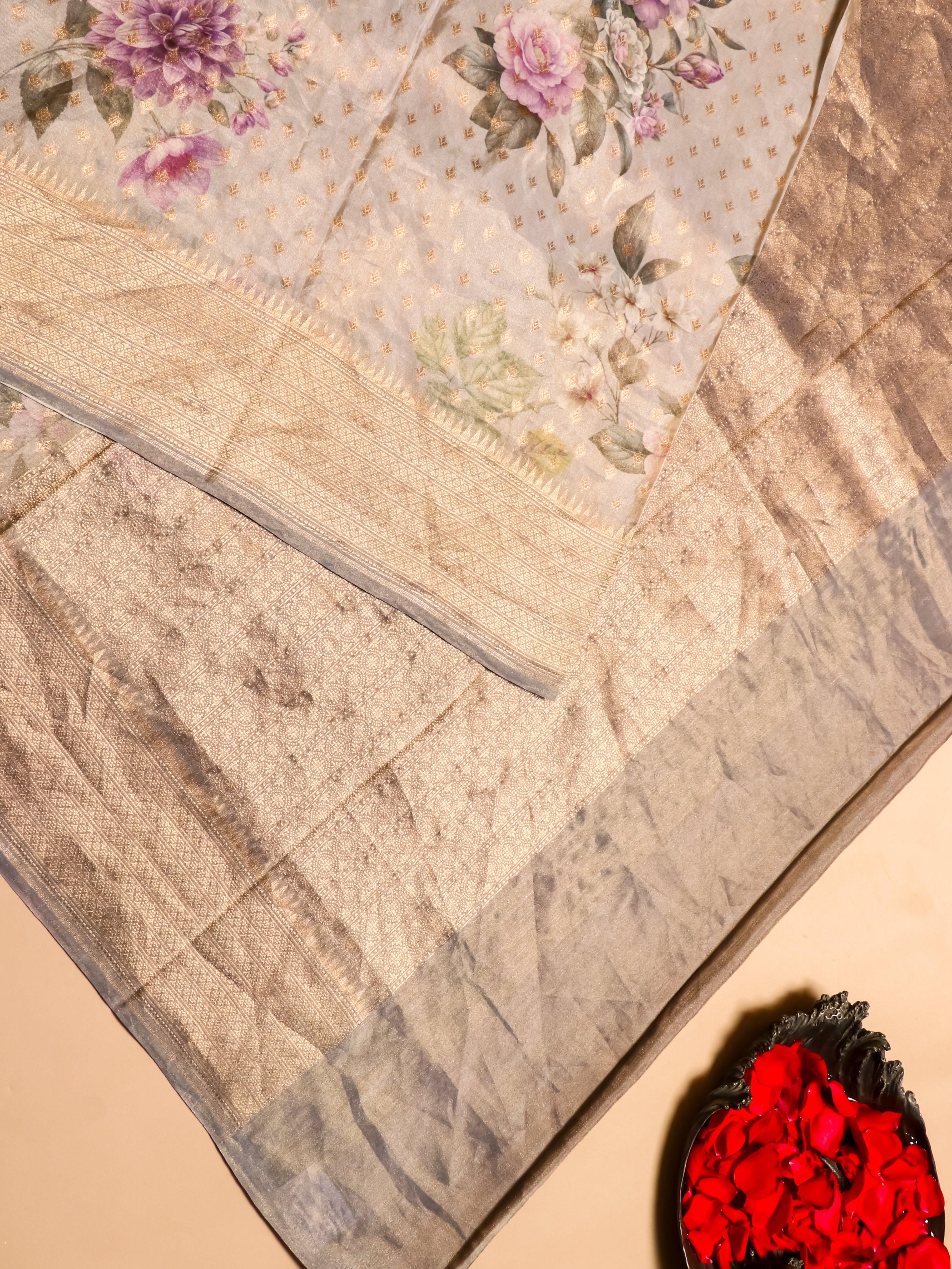 Handwoven Grey Banarasi Tissue Silk Saree - Sumangal Ekam