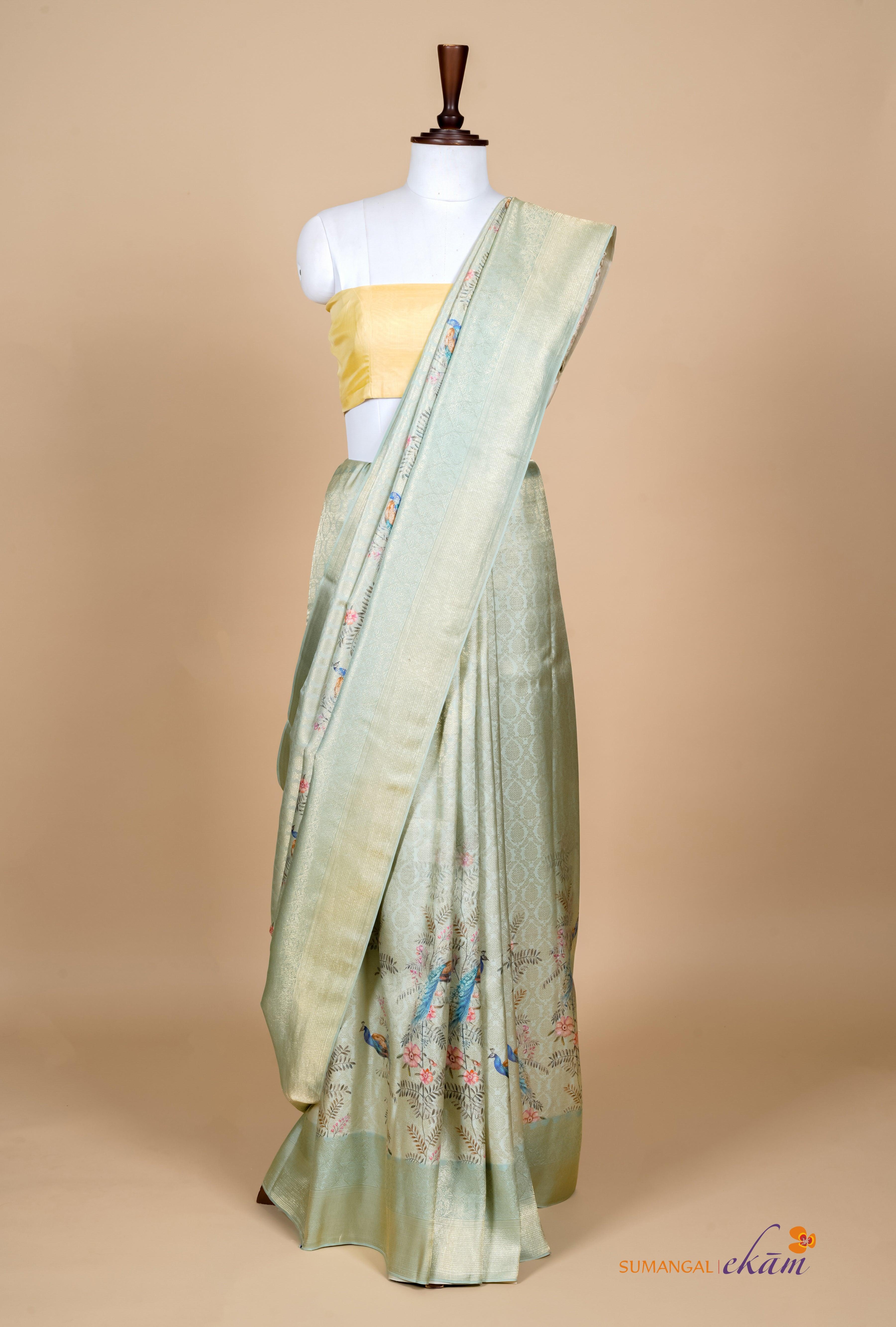 Handwoven Green Banarasi Mashru Silk Saree - Sumangal Ekam