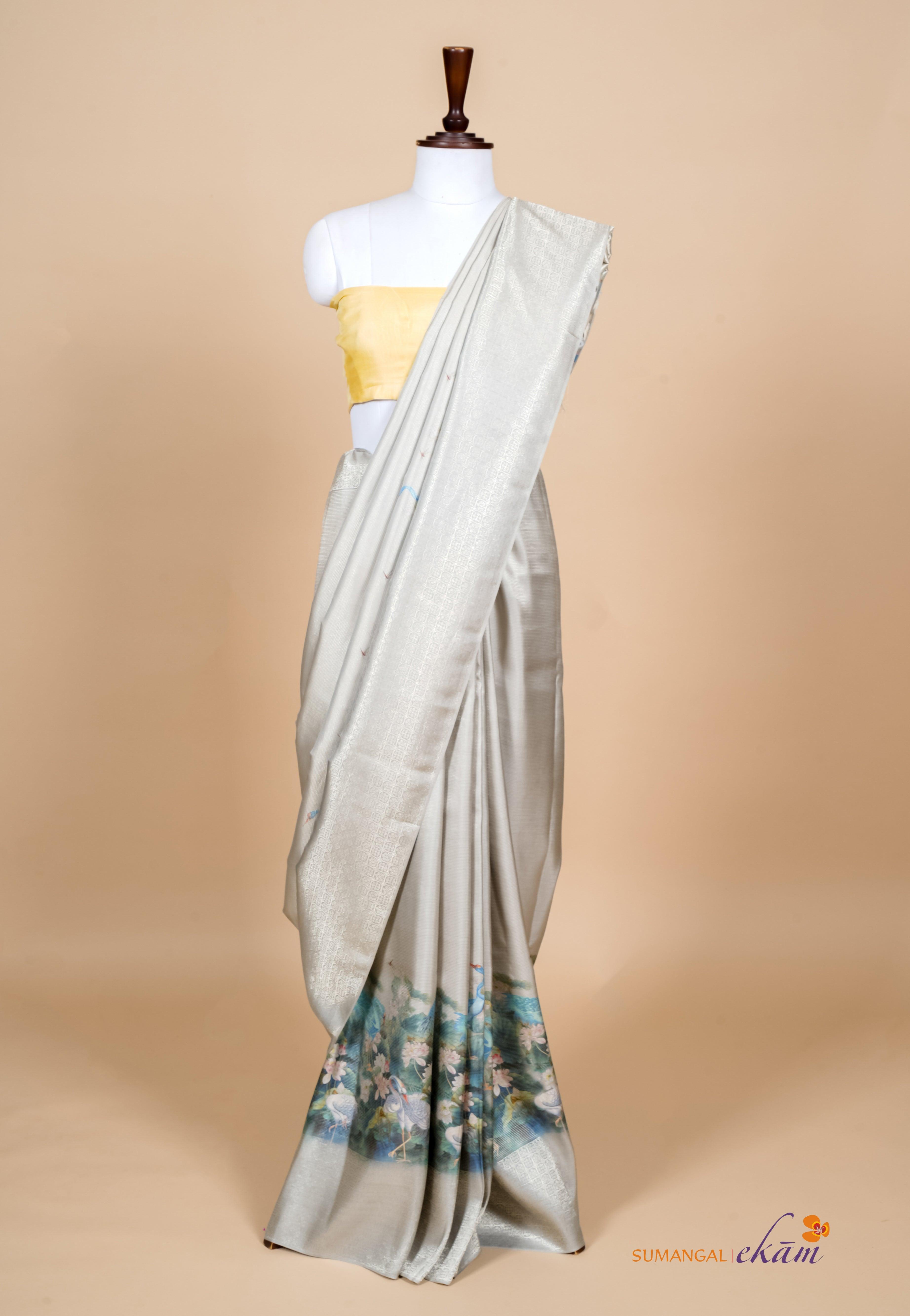 Handwoven Grey Banarasi Mashru Silk Saree - Sumangal Ekam