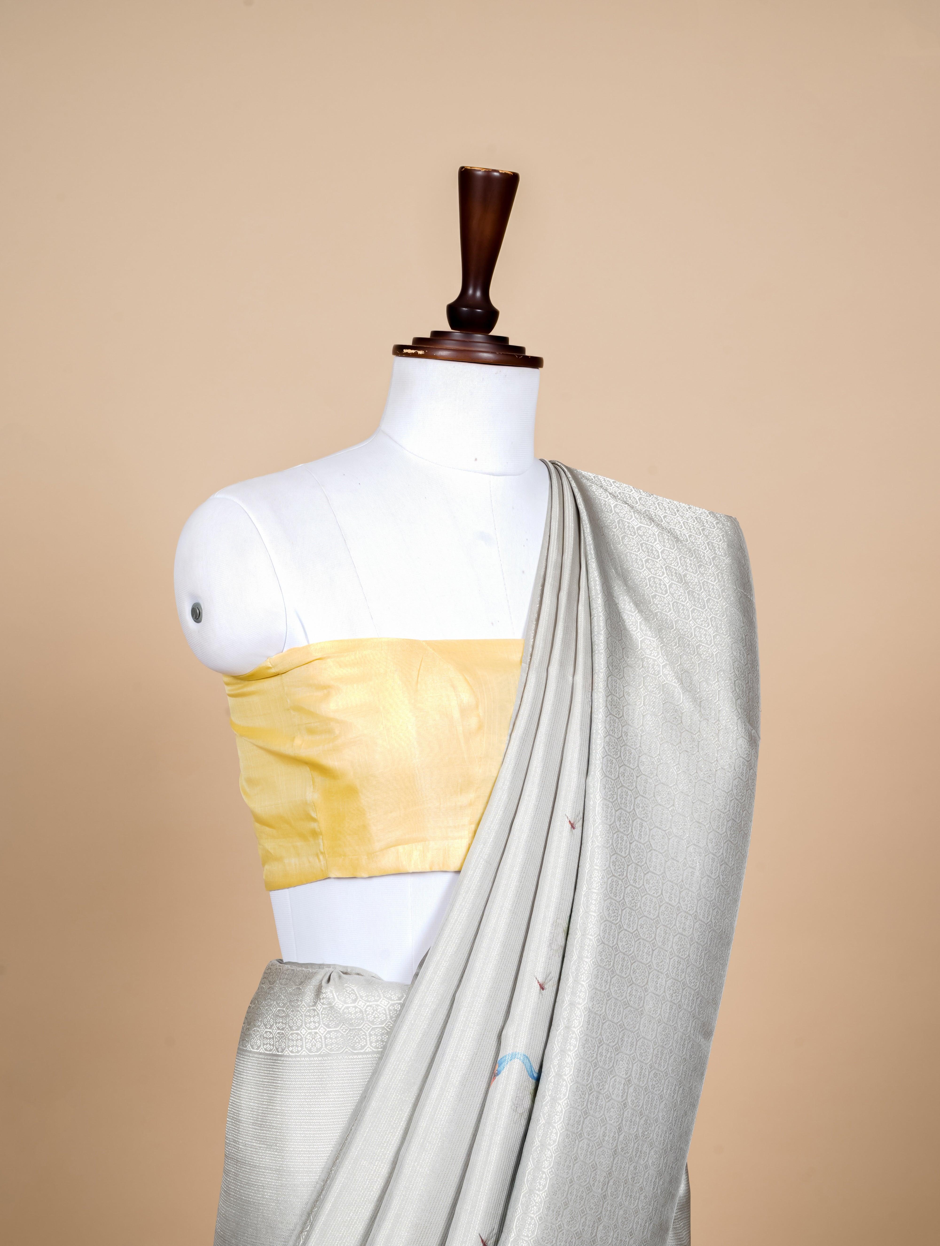 Handwoven Grey Banarasi Mashru Silk Saree - Sumangal Ekam