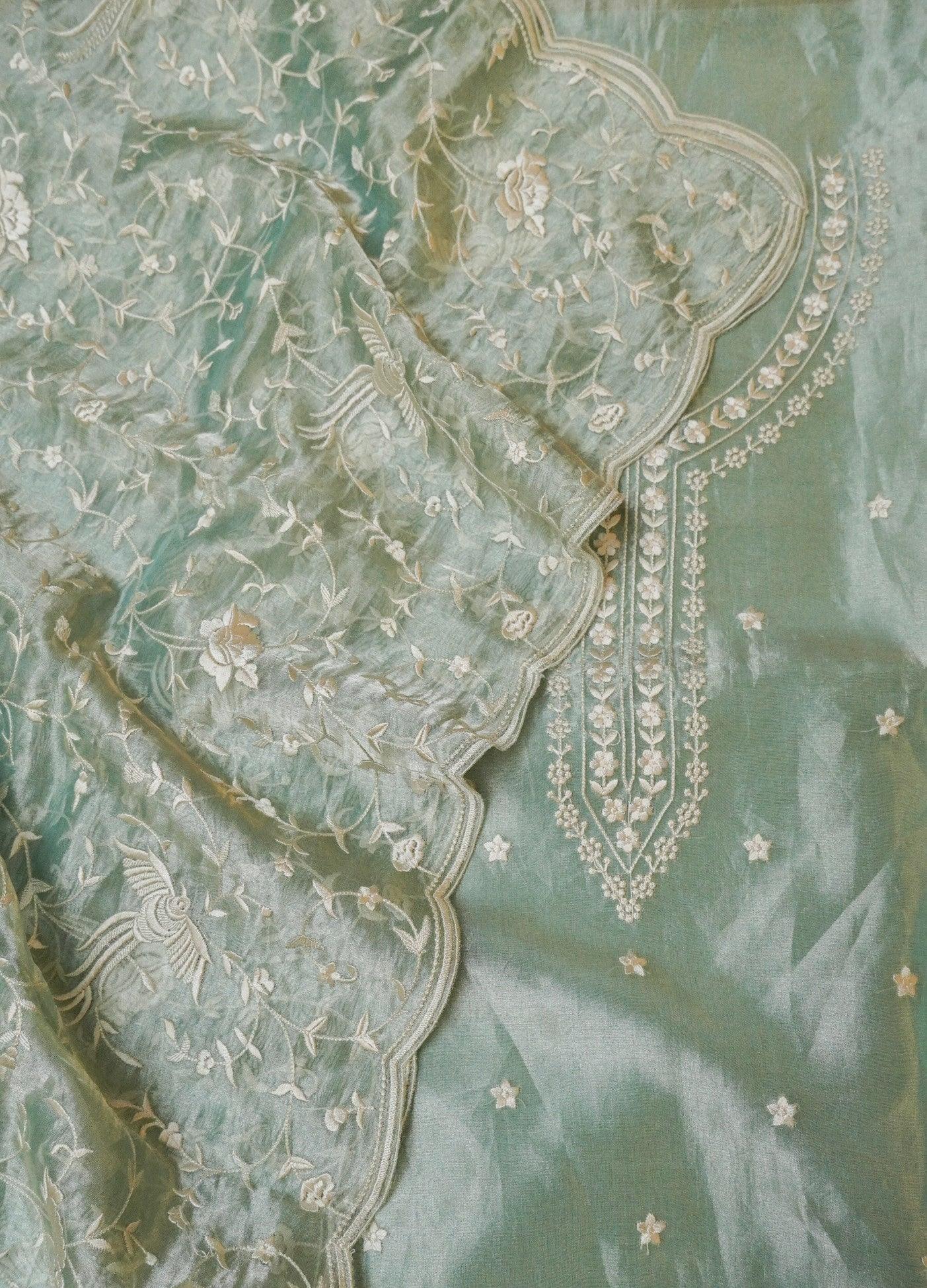 Designer Pastel Green Tissue Silk Suit - Sumangal Ekam